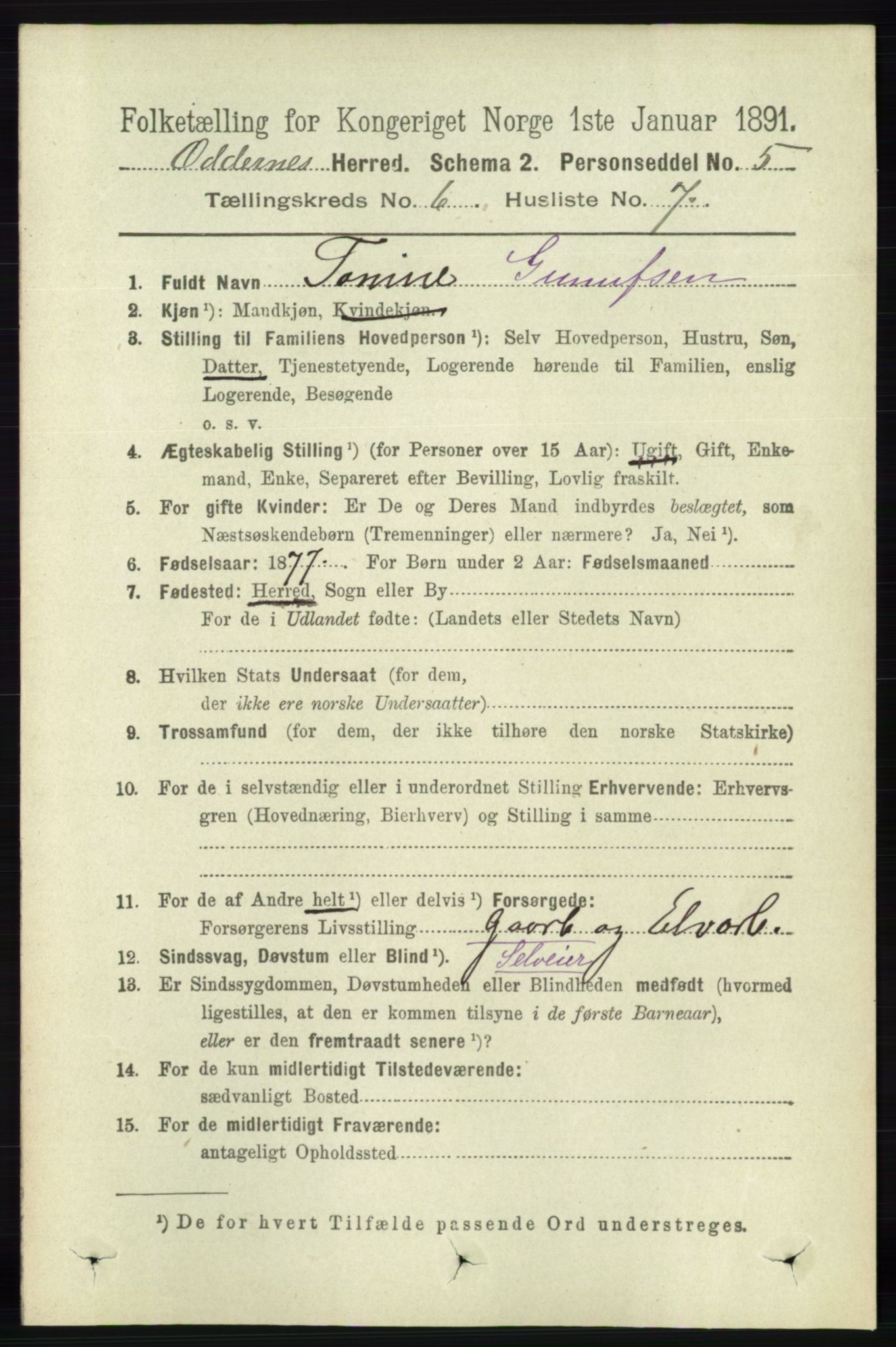 RA, 1891 census for 1012 Oddernes, 1891, p. 2230