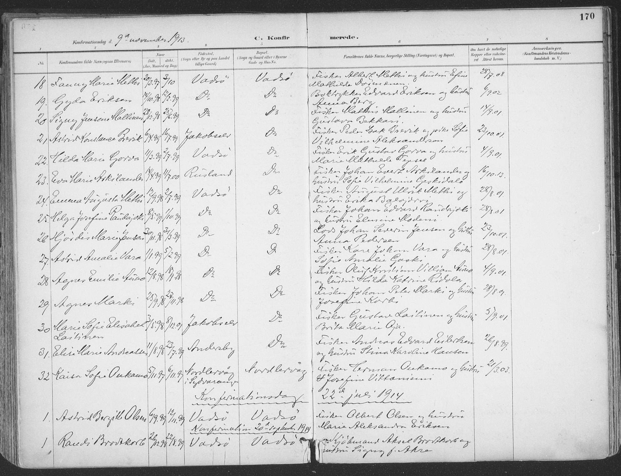 Vadsø sokneprestkontor, AV/SATØ-S-1325/H/Ha/L0007kirke: Parish register (official) no. 7, 1896-1916, p. 170