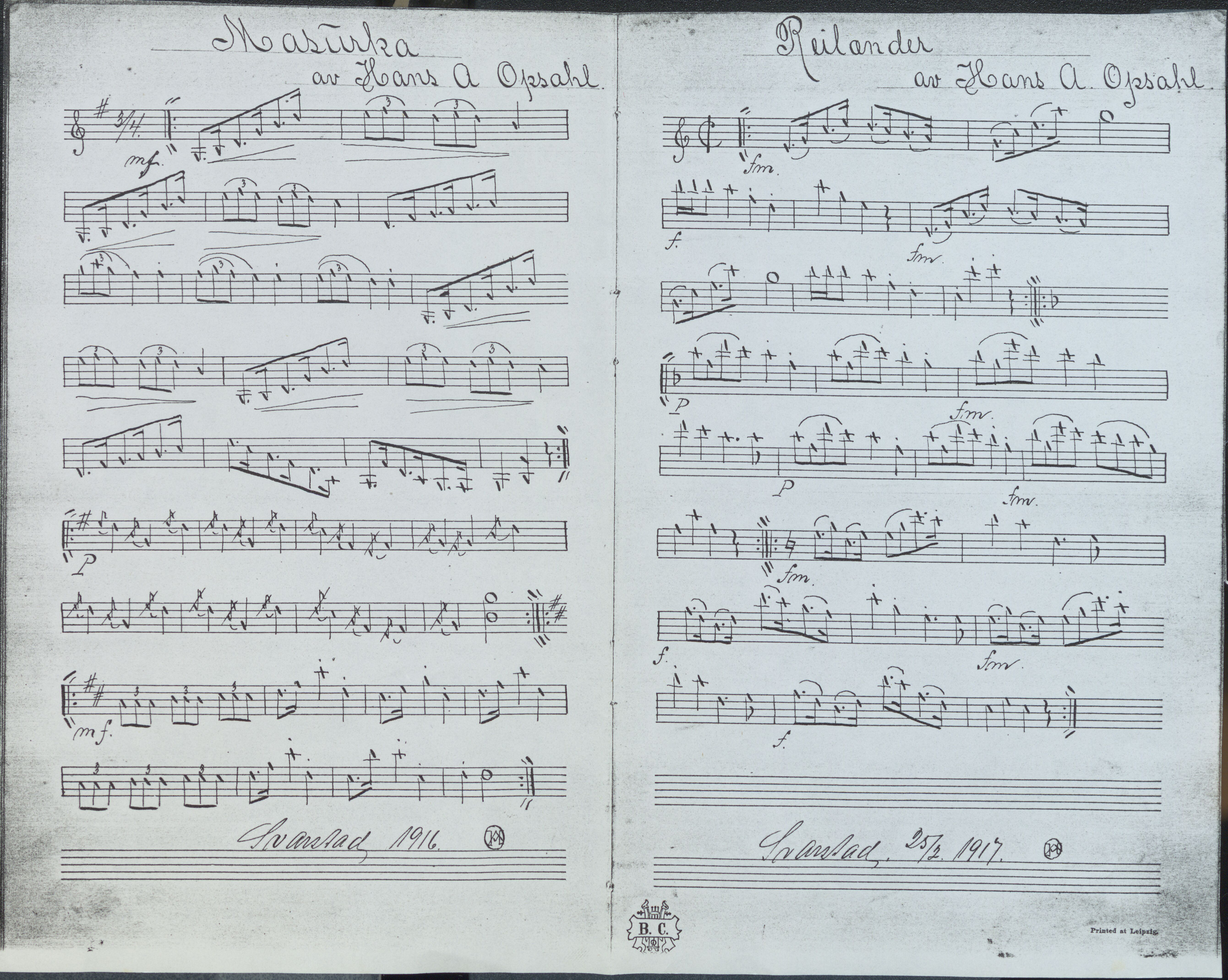 Sa 42 - Storgårds- og folkemusikk fra Klokkergården (Lardal bygdetun), VEMU/A-2514/F/L0001/0006: Originale håndskrevne, trykte og kopierte noter og notebøker, hefter, brev m.m. / Noter etter Hans Andreassen Opsahl, Lardal, 1820-1920