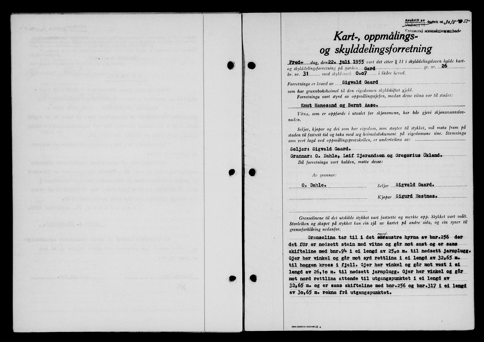 Karmsund sorenskriveri, SAST/A-100311/01/II/IIB/L0117: Mortgage book no. 97Aa, 1955-1955, Diary no: : 3038/1955