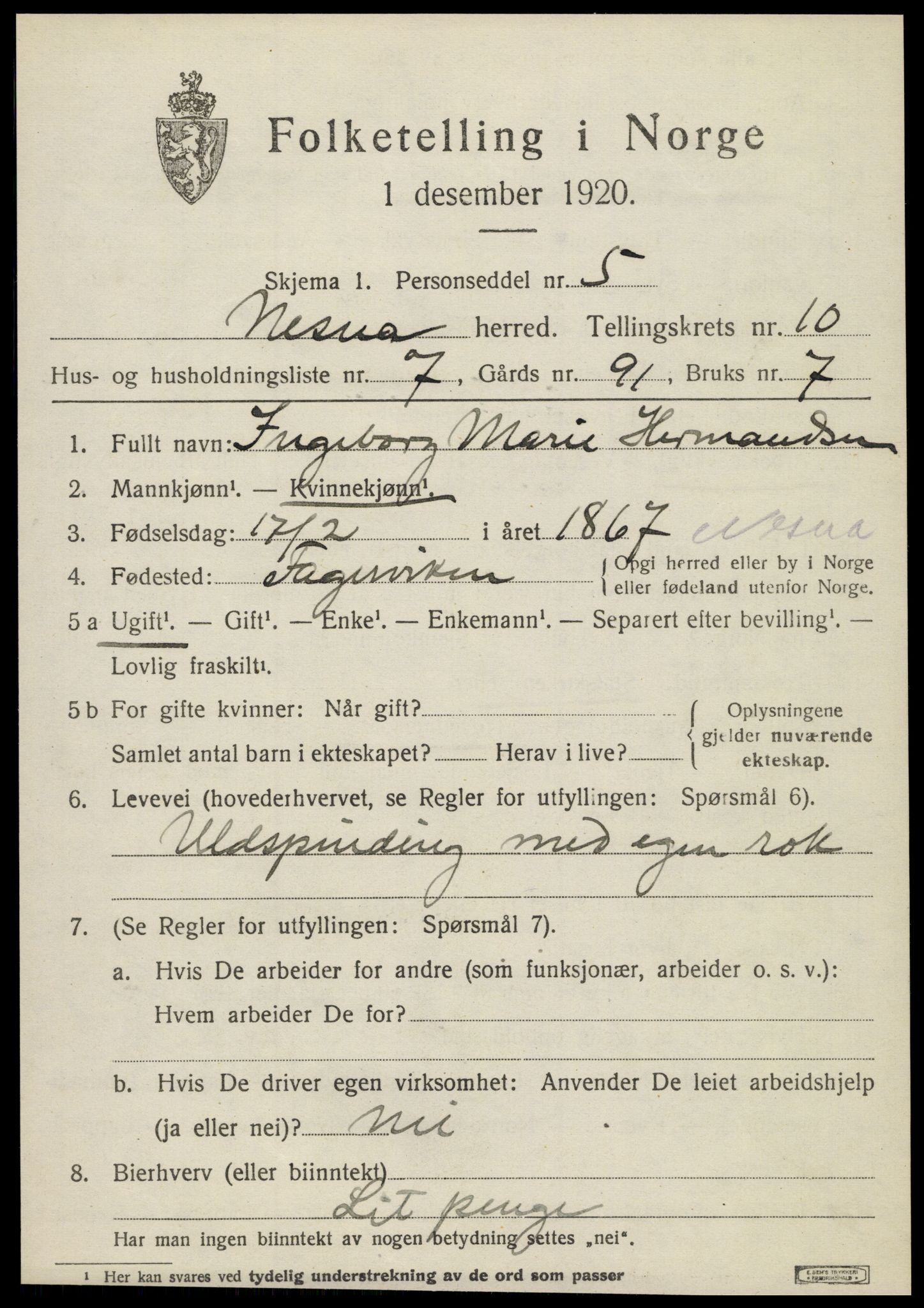 SAT, 1920 census for Nesna, 1920, p. 8043