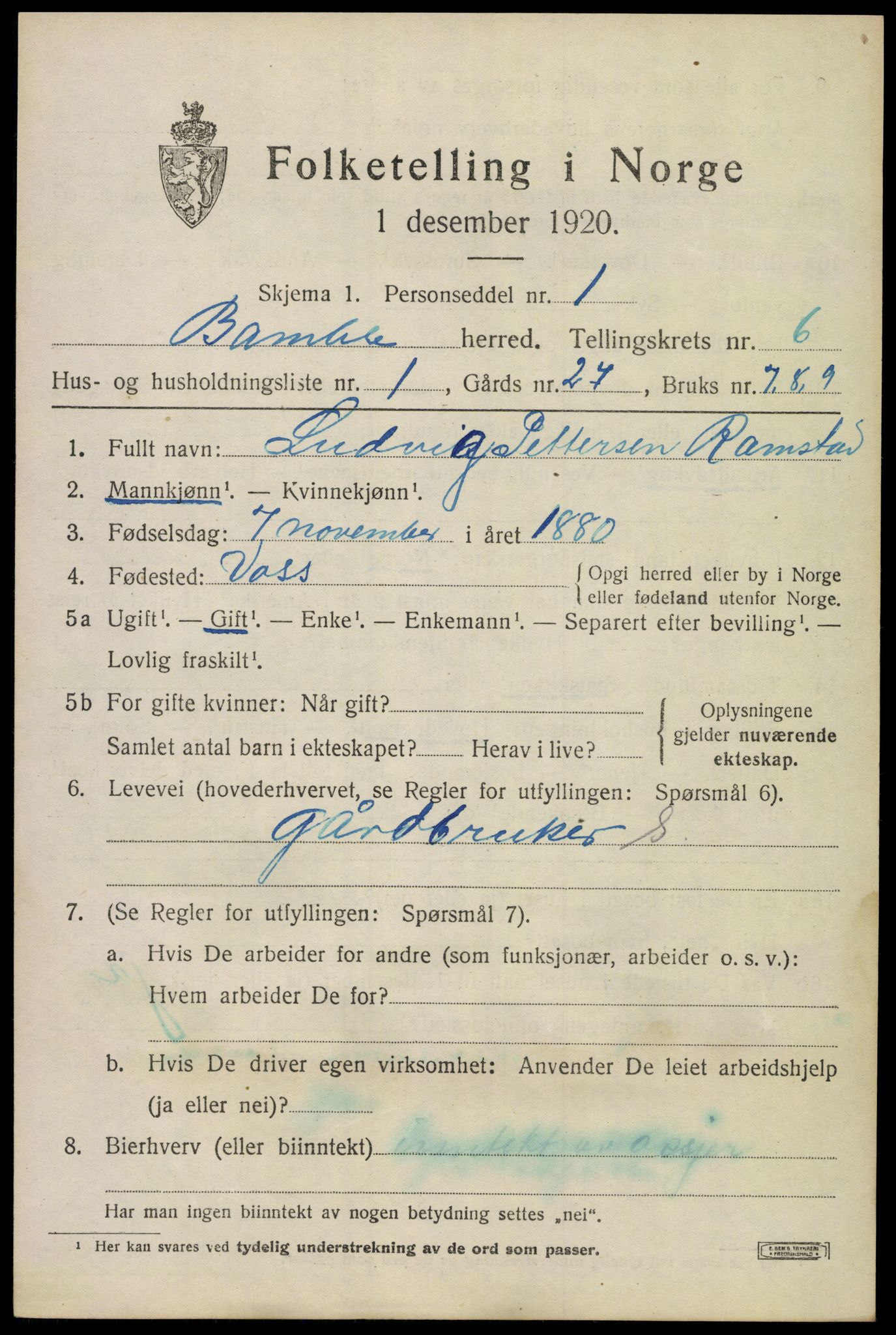 SAKO, 1920 census for Bamble, 1920, p. 5883