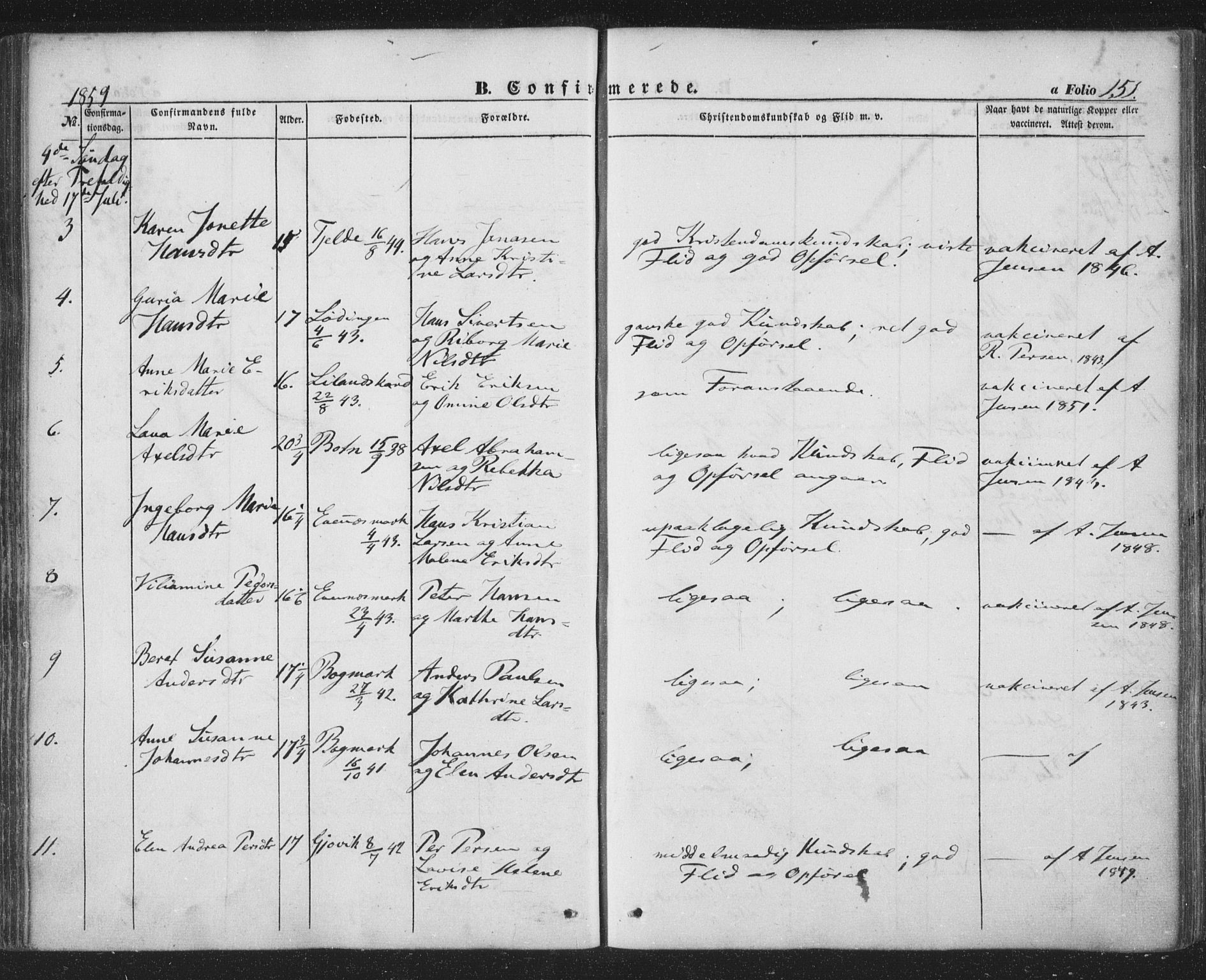 Ministerialprotokoller, klokkerbøker og fødselsregistre - Nordland, AV/SAT-A-1459/863/L0895: Parish register (official) no. 863A07, 1851-1860, p. 151