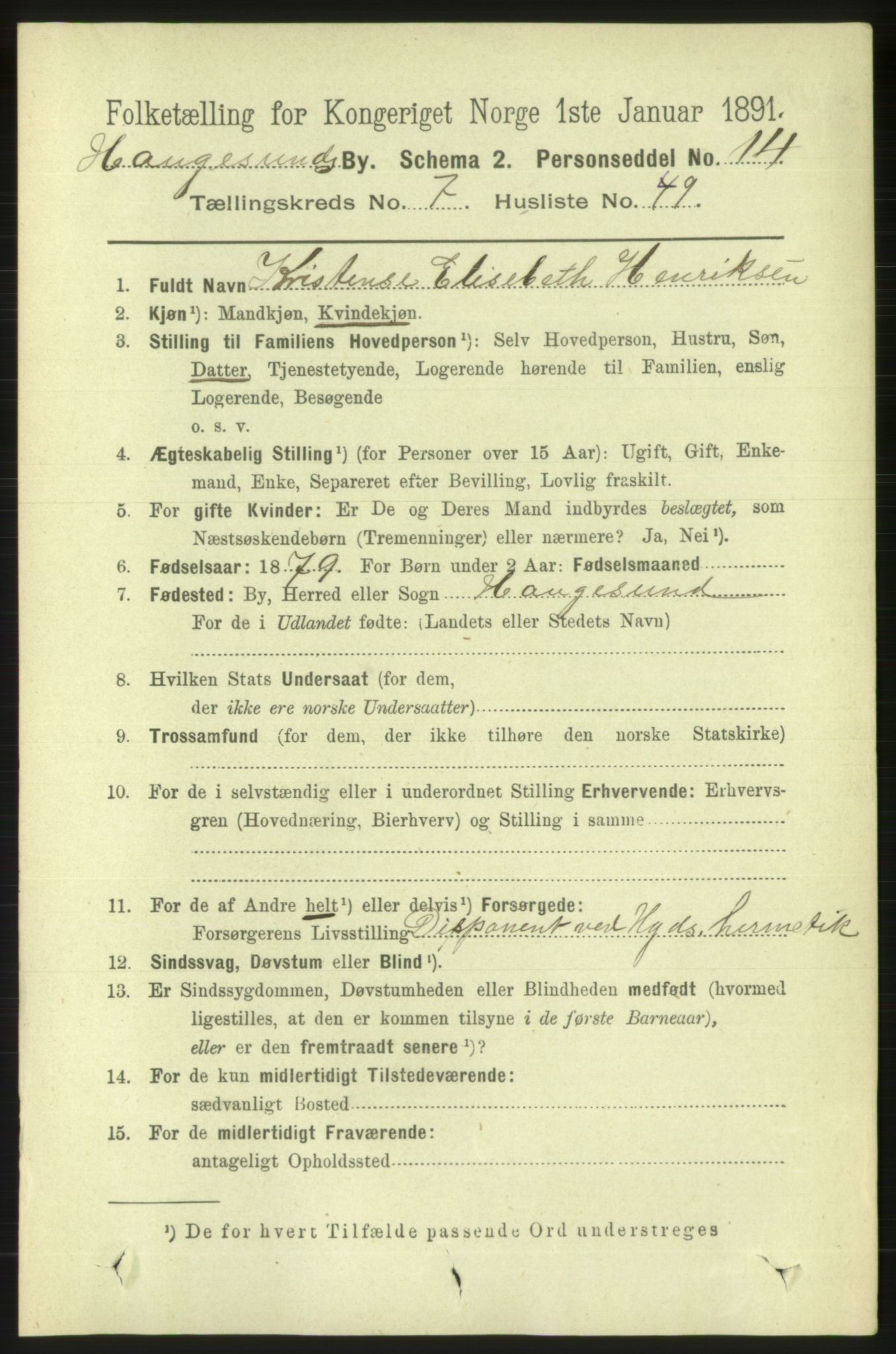 RA, 1891 census for 1106 Haugesund, 1891, p. 3687