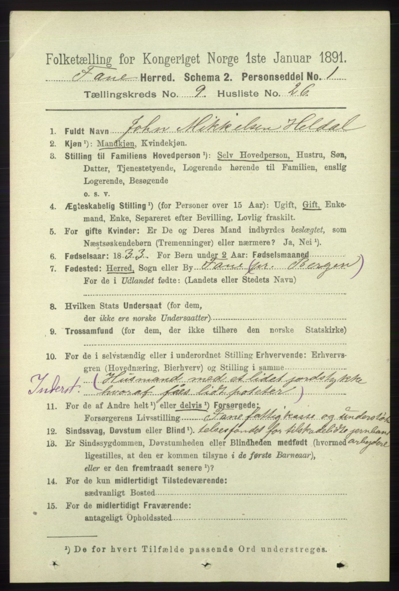 RA, 1891 census for 1249 Fana, 1891, p. 4998