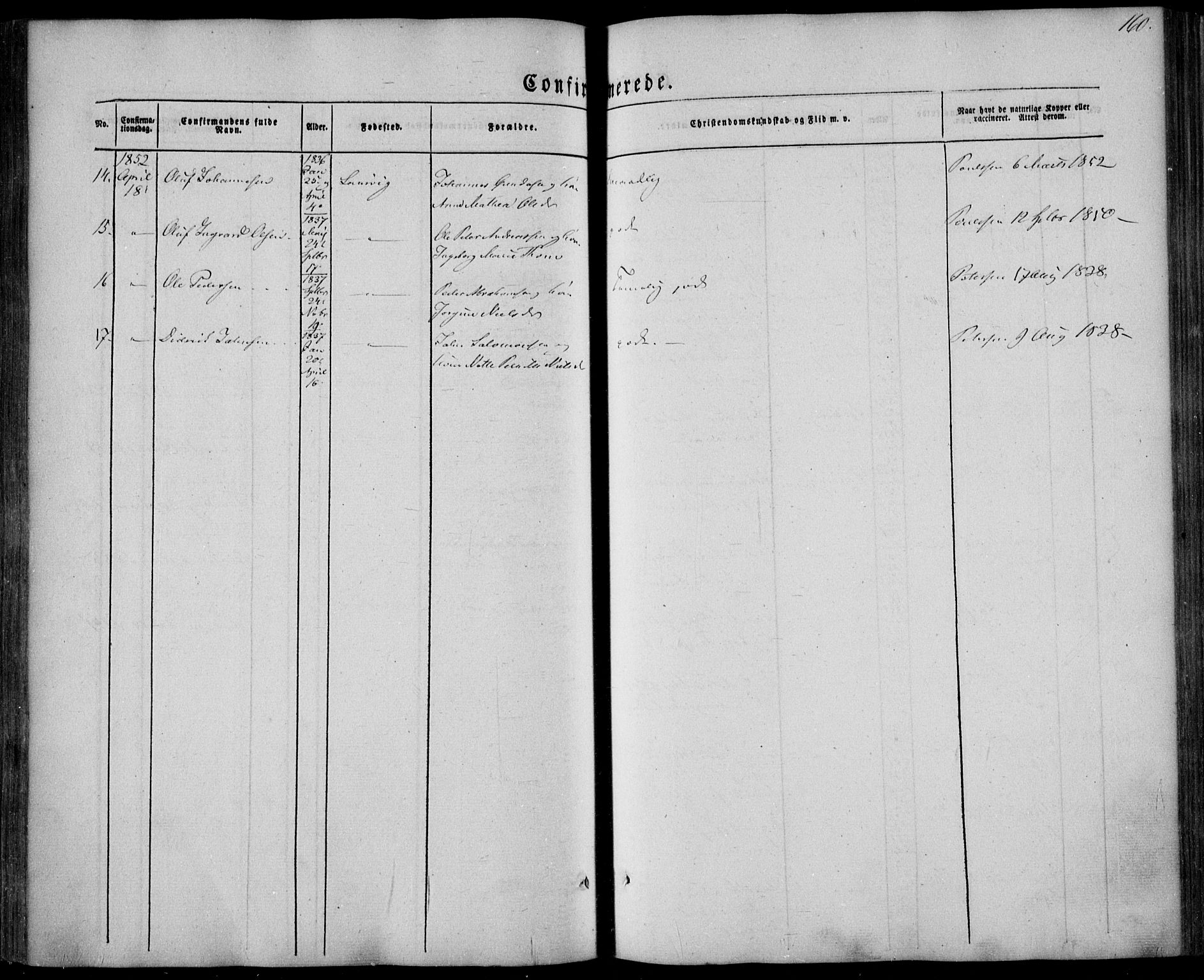 Larvik kirkebøker, AV/SAKO-A-352/F/Fa/L0003: Parish register (official) no. I 3, 1848-1856, p. 160