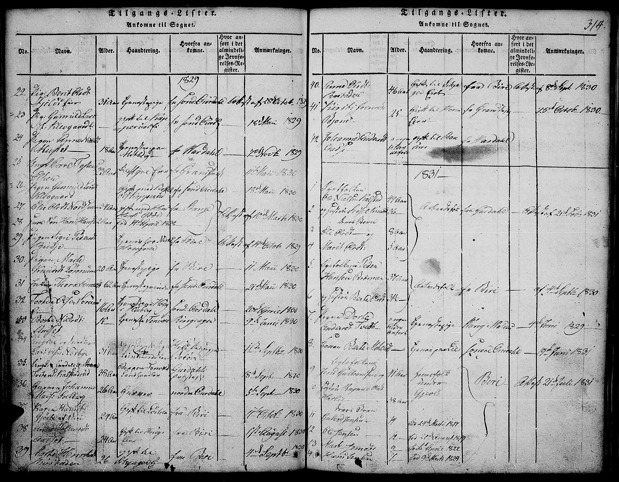 Land prestekontor, SAH/PREST-120/H/Ha/Hab/L0001: Parish register (copy) no. 1, 1814-1833, p. 314