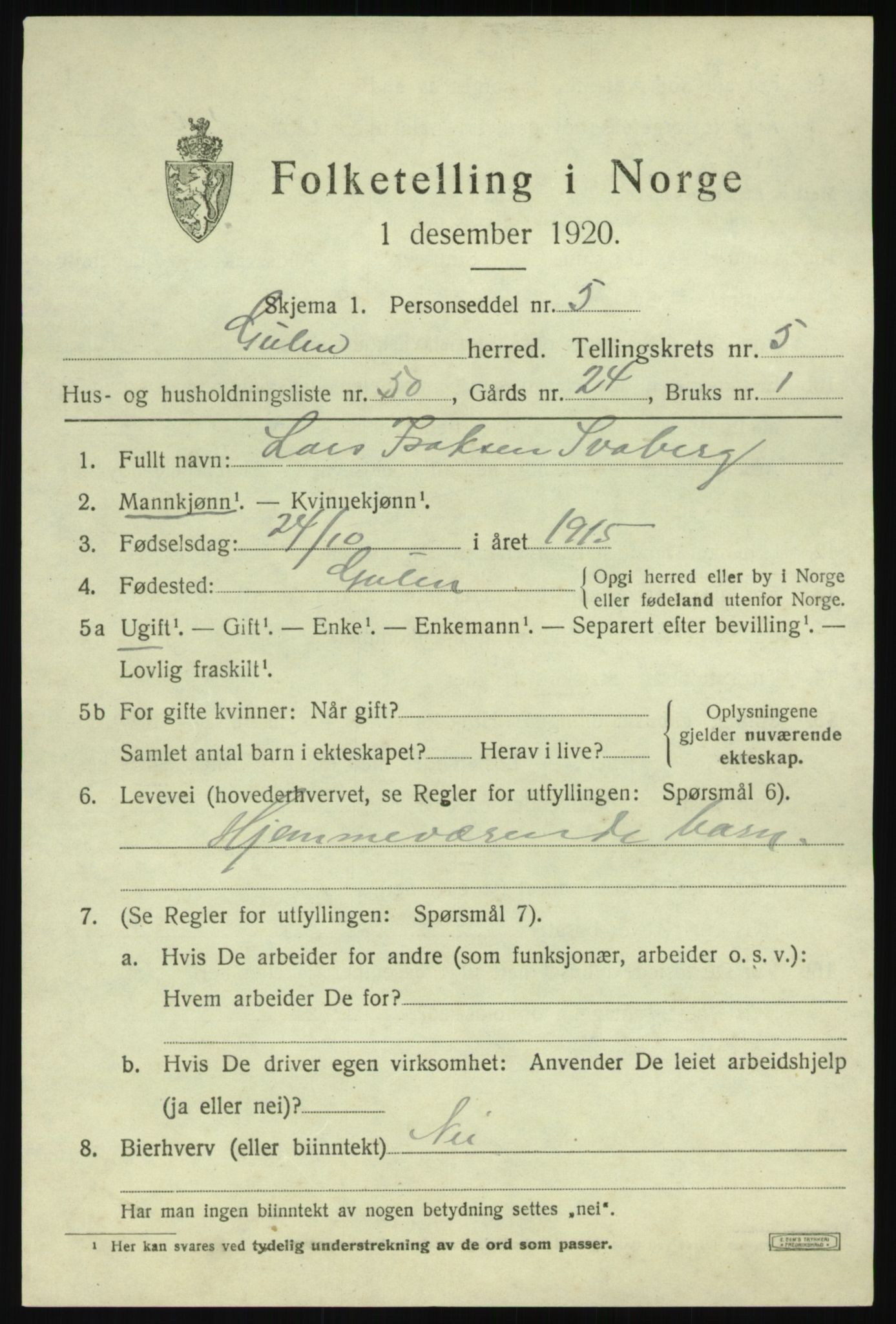 SAB, 1920 census for Gulen, 1920, p. 2593