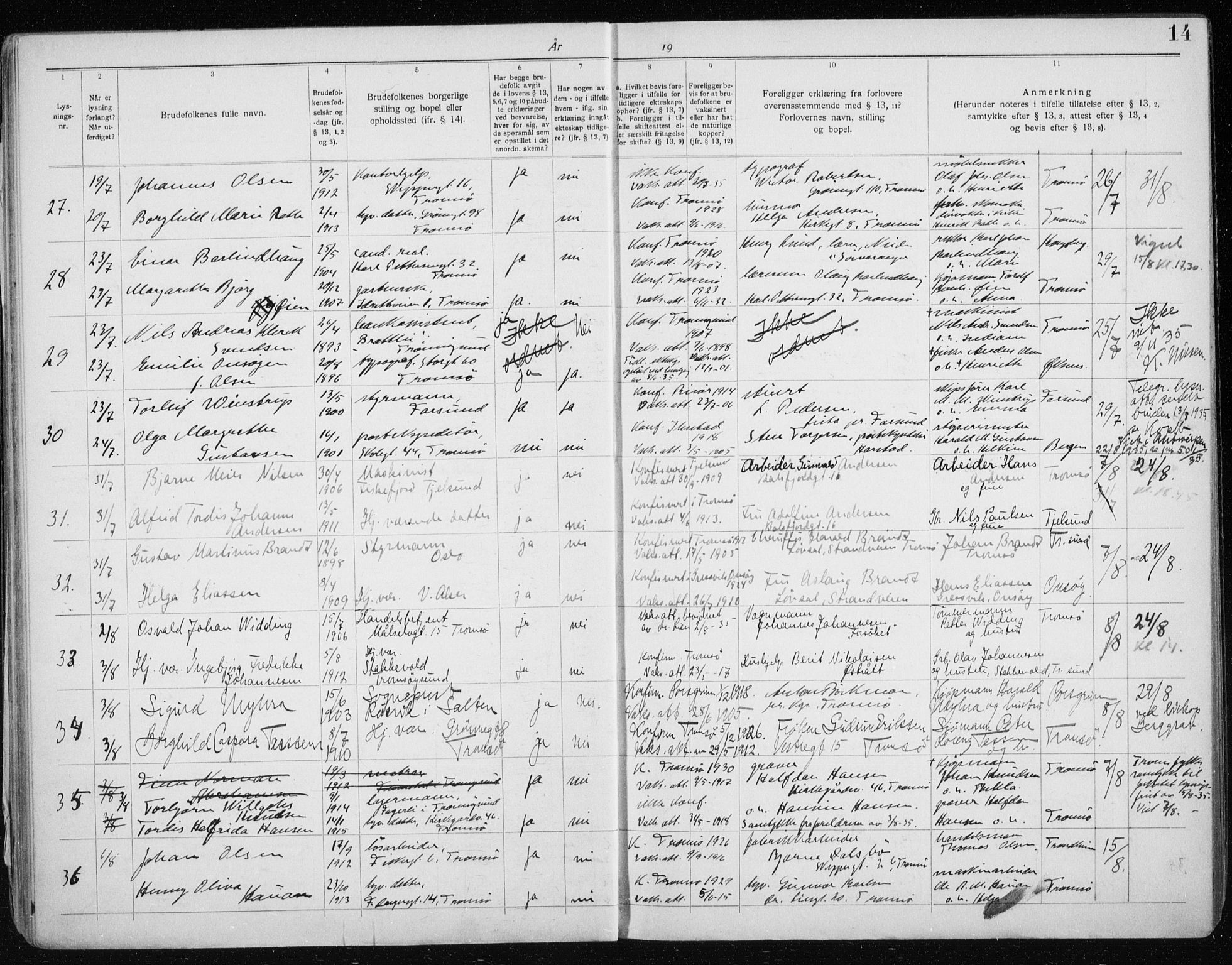 Tromsø sokneprestkontor/stiftsprosti/domprosti, SATØ/S-1343/H/Hc/L0101: Banns register no. 101, 1933-1943, p. 14