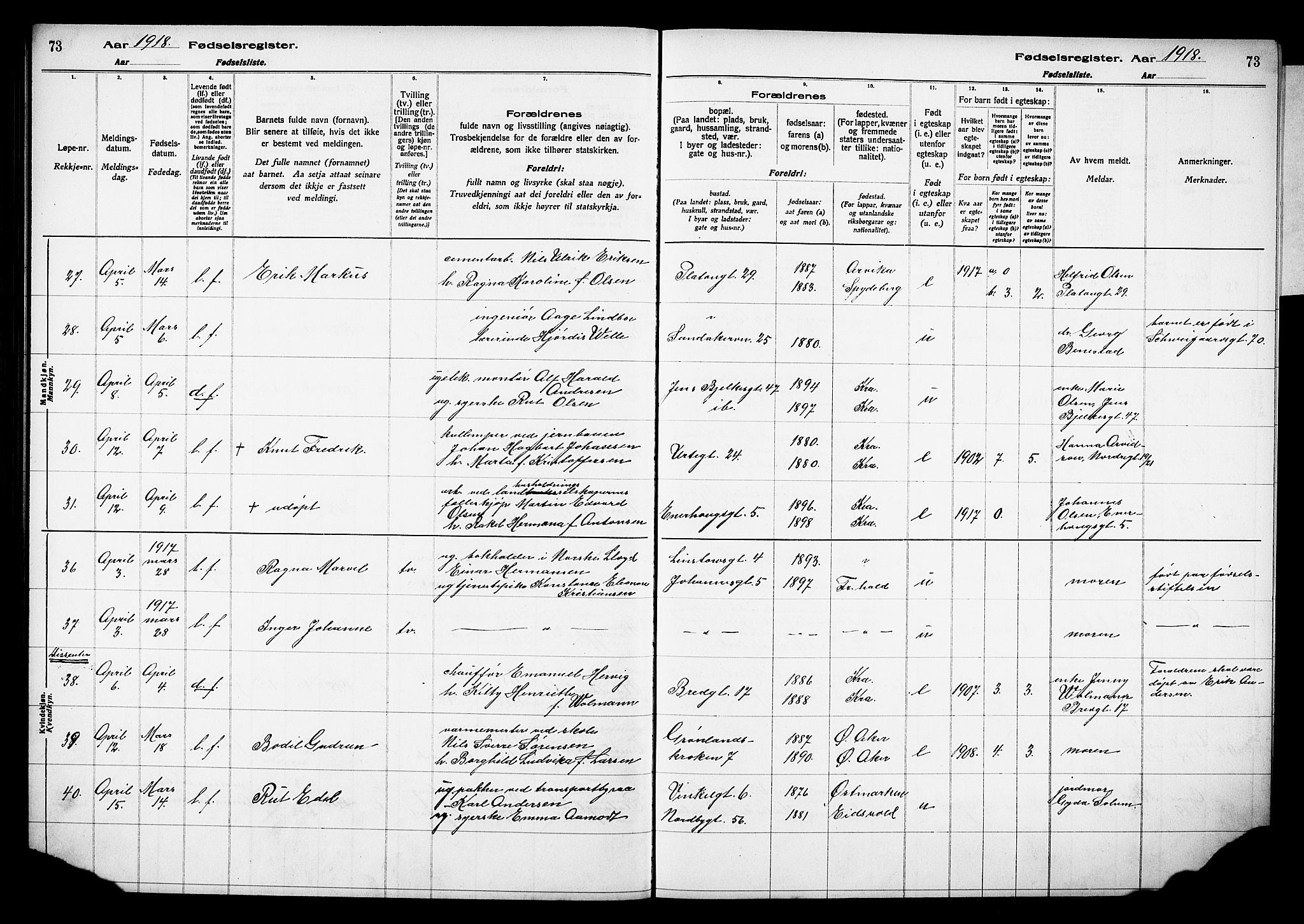 Grønland prestekontor Kirkebøker, SAO/A-10848/J/Ja/L0001: Birth register no. 1, 1916-1922, p. 73