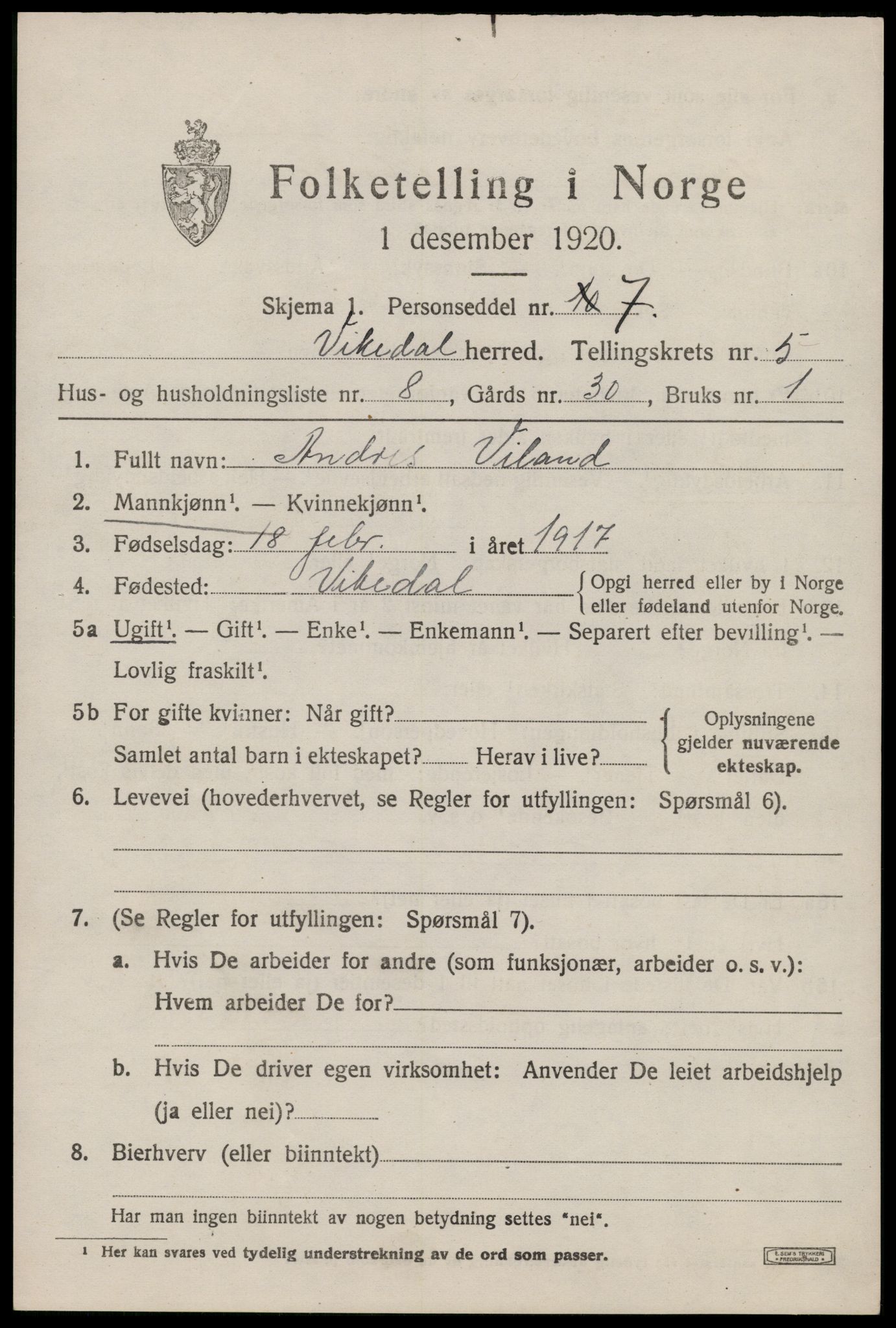 SAST, 1920 census for Vikedal, 1920, p. 2539