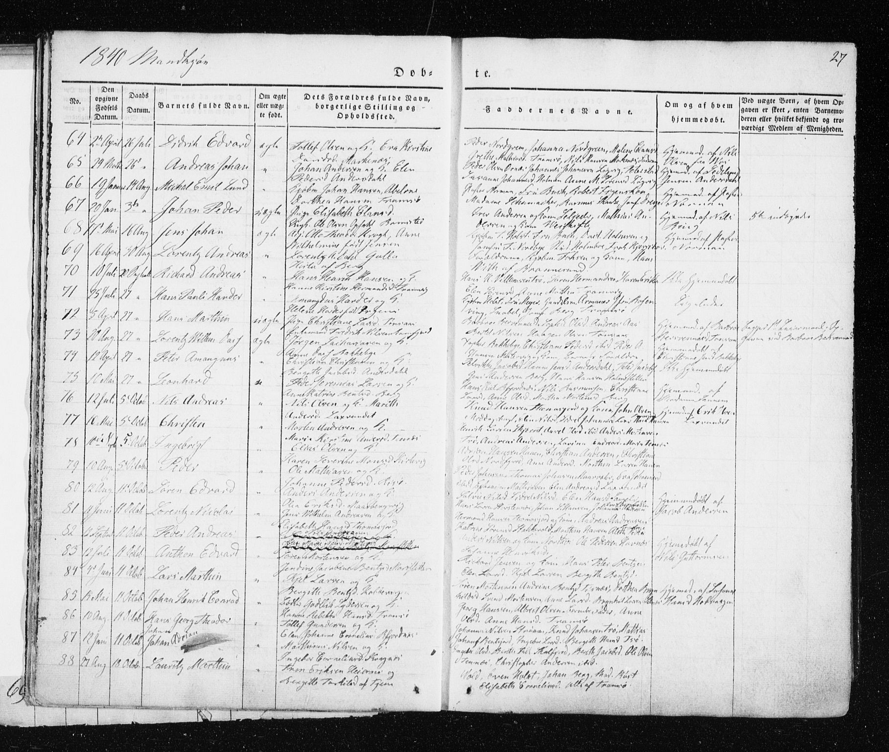 Tromsø sokneprestkontor/stiftsprosti/domprosti, AV/SATØ-S-1343/G/Ga/L0009kirke: Parish register (official) no. 9, 1837-1847, p. 27