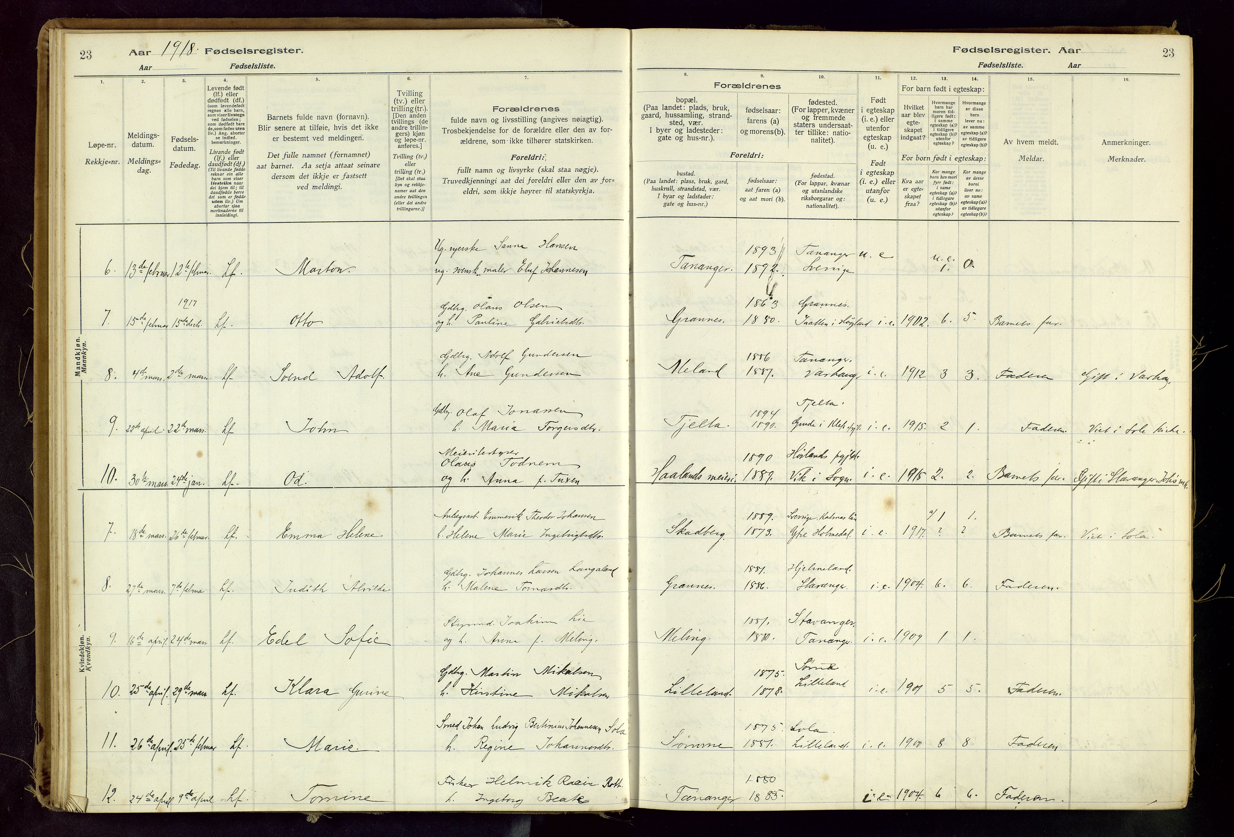 Håland sokneprestkontor, AV/SAST-A-101802/001/704BA/L0001: Birth register no. 1, 1916-1936, p. 23