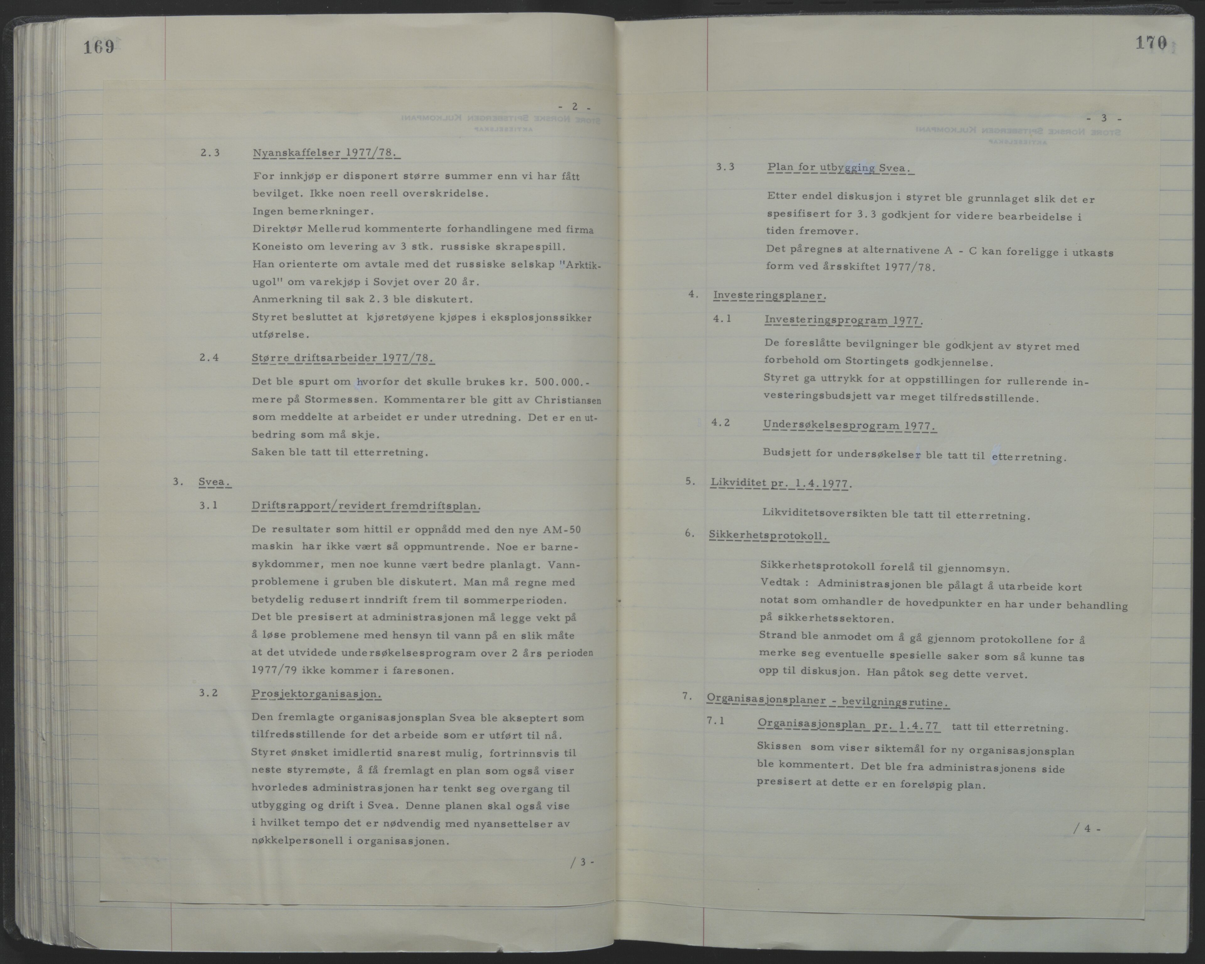 Store Norske Spitsbergen Kulkompani A/S, AV/SATØ-P-0073/09/A/Ab/Aba/L0001: Styreprotokoll 6, 1970-1979, p. 169-170