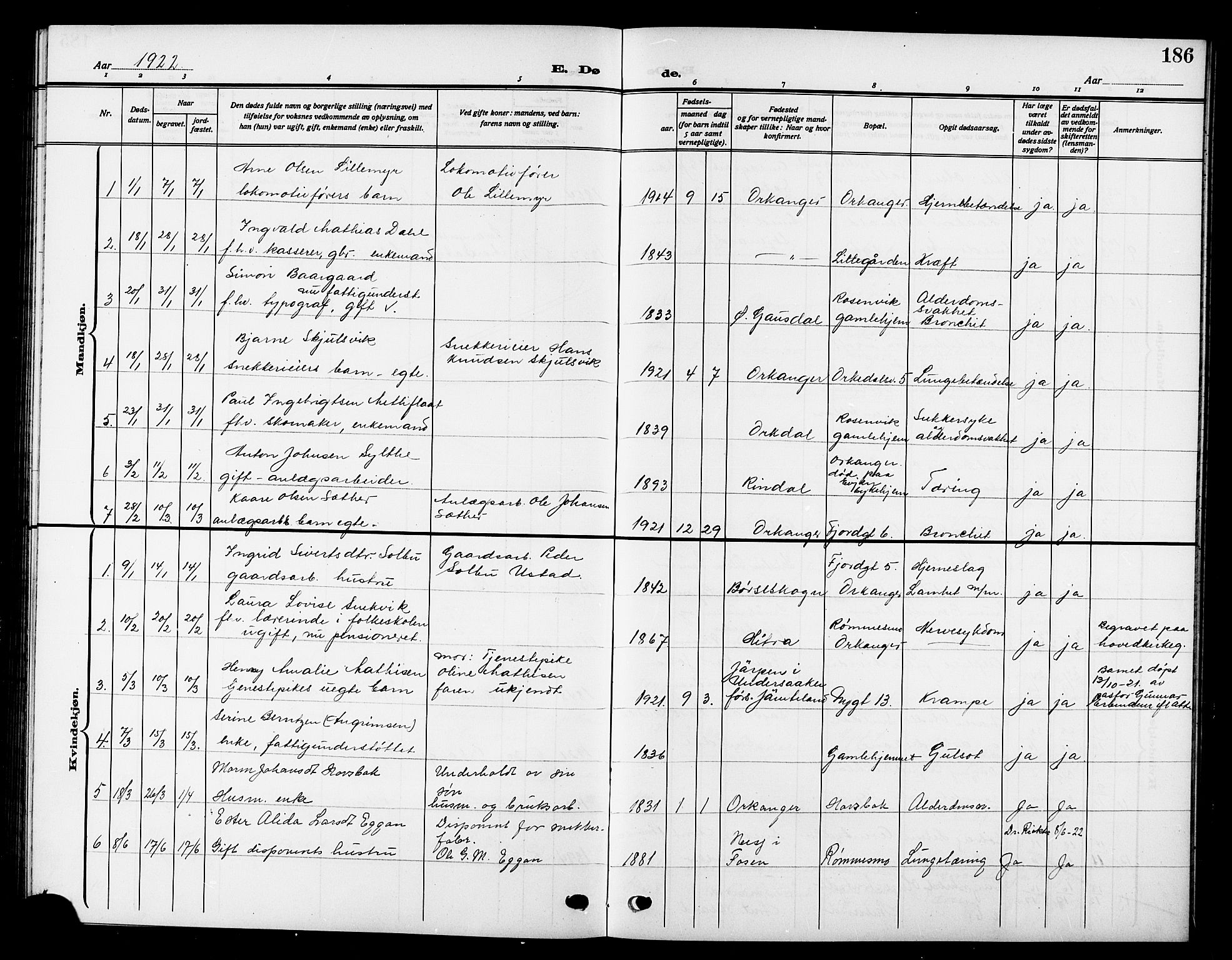 Ministerialprotokoller, klokkerbøker og fødselsregistre - Sør-Trøndelag, AV/SAT-A-1456/669/L0831: Parish register (copy) no. 669C01, 1909-1924, p. 186