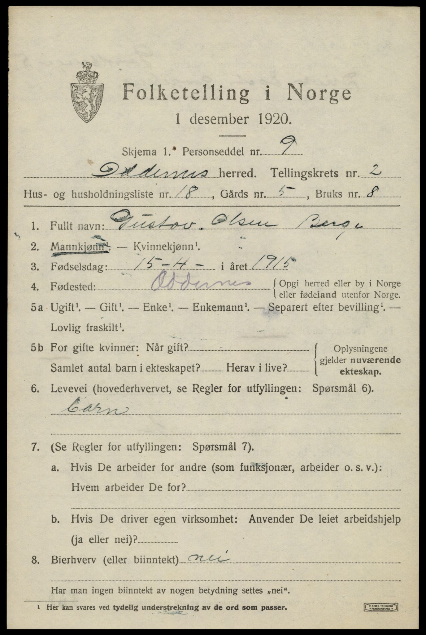 SAK, 1920 census for Oddernes, 1920, p. 3035