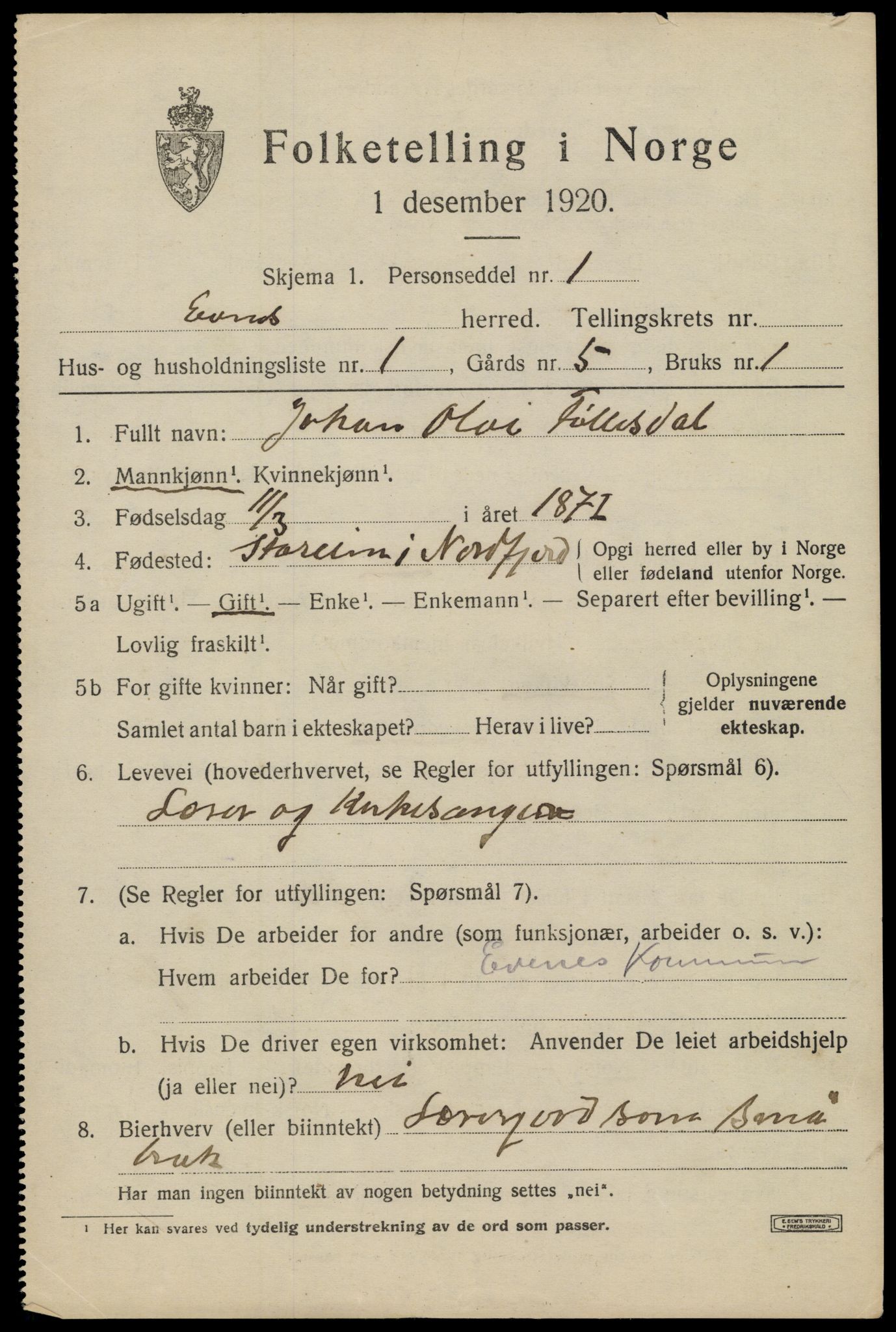 SAT, 1920 census for Evenes, 1920, p. 2414