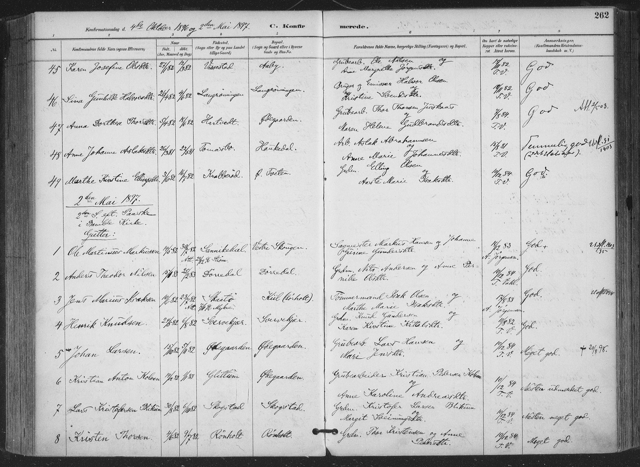 Bamble kirkebøker, AV/SAKO-A-253/F/Fa/L0008: Parish register (official) no. I 8, 1888-1900, p. 262