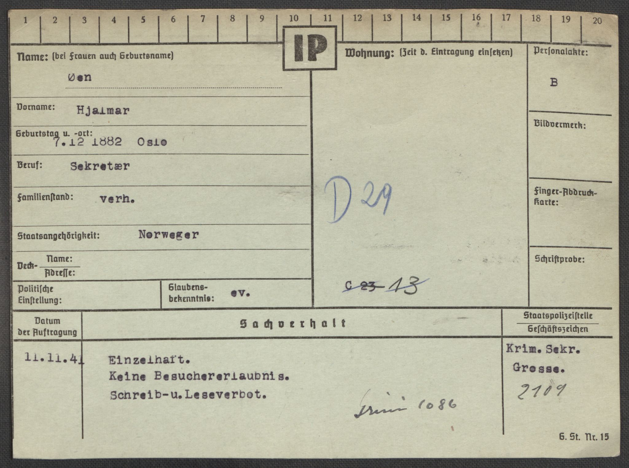 Befehlshaber der Sicherheitspolizei und des SD, RA/RAFA-5969/E/Ea/Eaa/L0010: Register over norske fanger i Møllergata 19: Sø-Å, 1940-1945, p. 1234