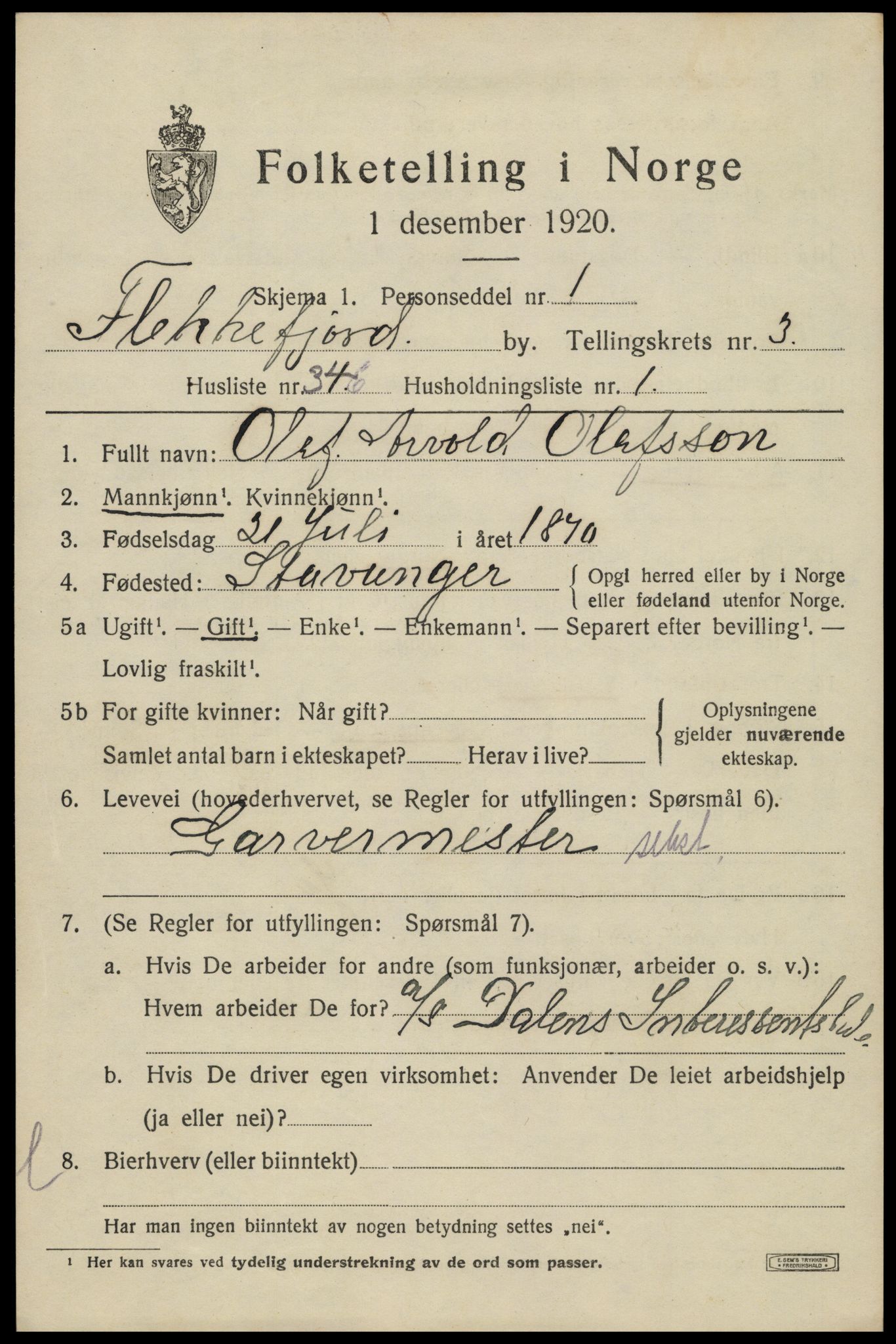 SAK, 1920 census for Flekkefjord, 1920, p. 3798