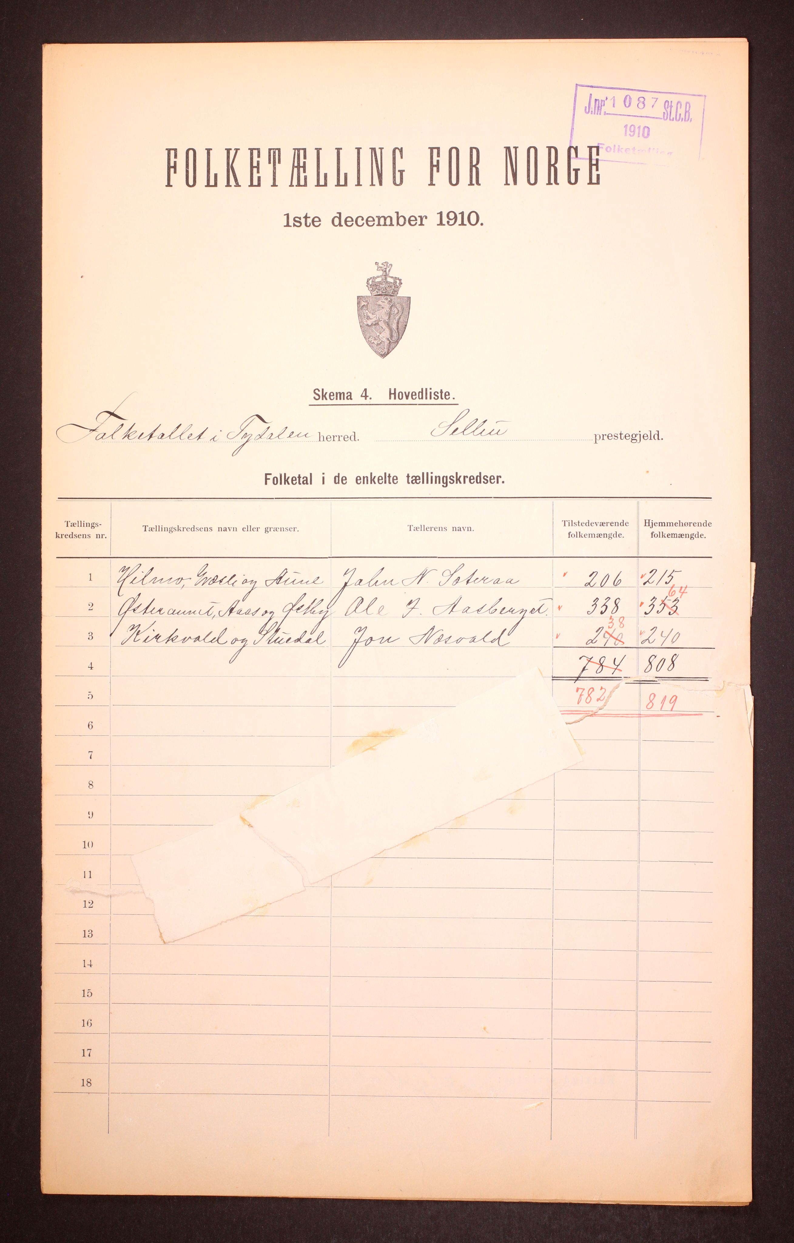 RA, 1910 census for Tydal, 1910, p. 2