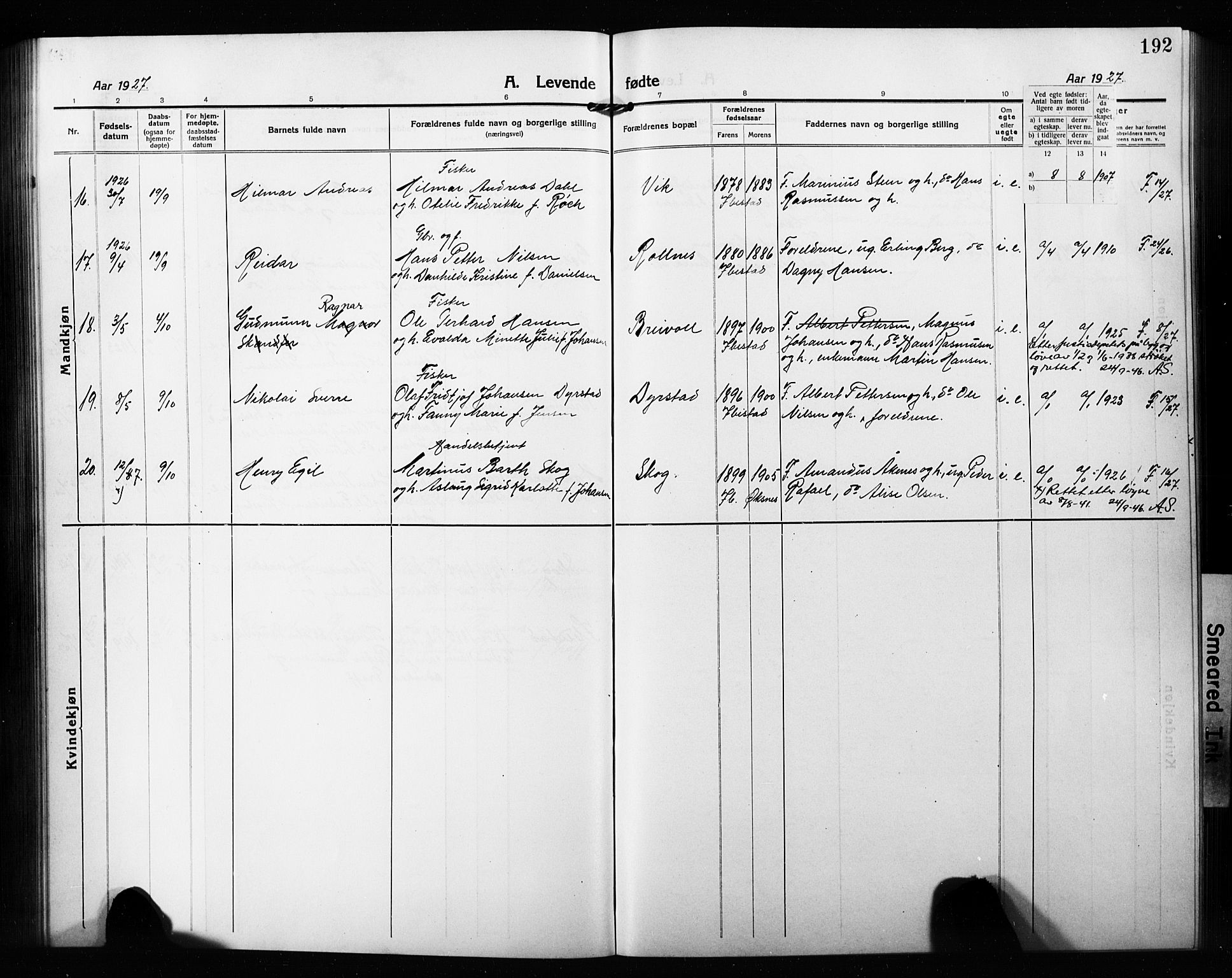 Ibestad sokneprestembete, AV/SATØ-S-0077/H/Ha/Hab/L0010klokker: Parish register (copy) no. 10, 1915-1929, p. 192