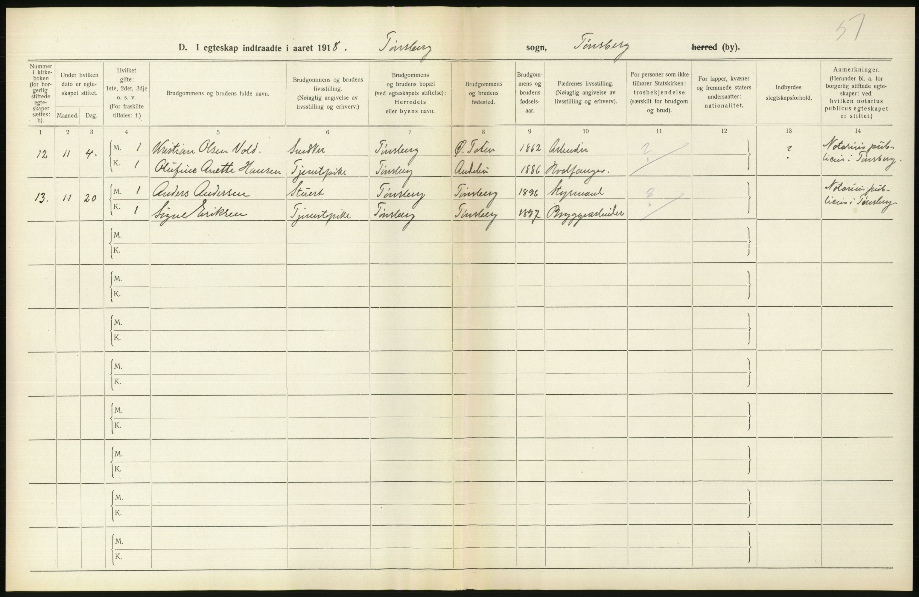 Statistisk sentralbyrå, Sosiodemografiske emner, Befolkning, RA/S-2228/D/Df/Dfb/Dfbh/L0022: Vestfold fylke: Gifte, dødfødte. Bygder og byer., 1918, p. 200