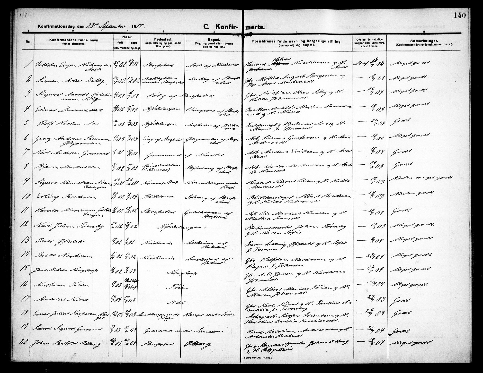 Høland prestekontor Kirkebøker, SAO/A-10346a/F/Fa/L0016: Parish register (official) no. I 16, 1912-1921, p. 140