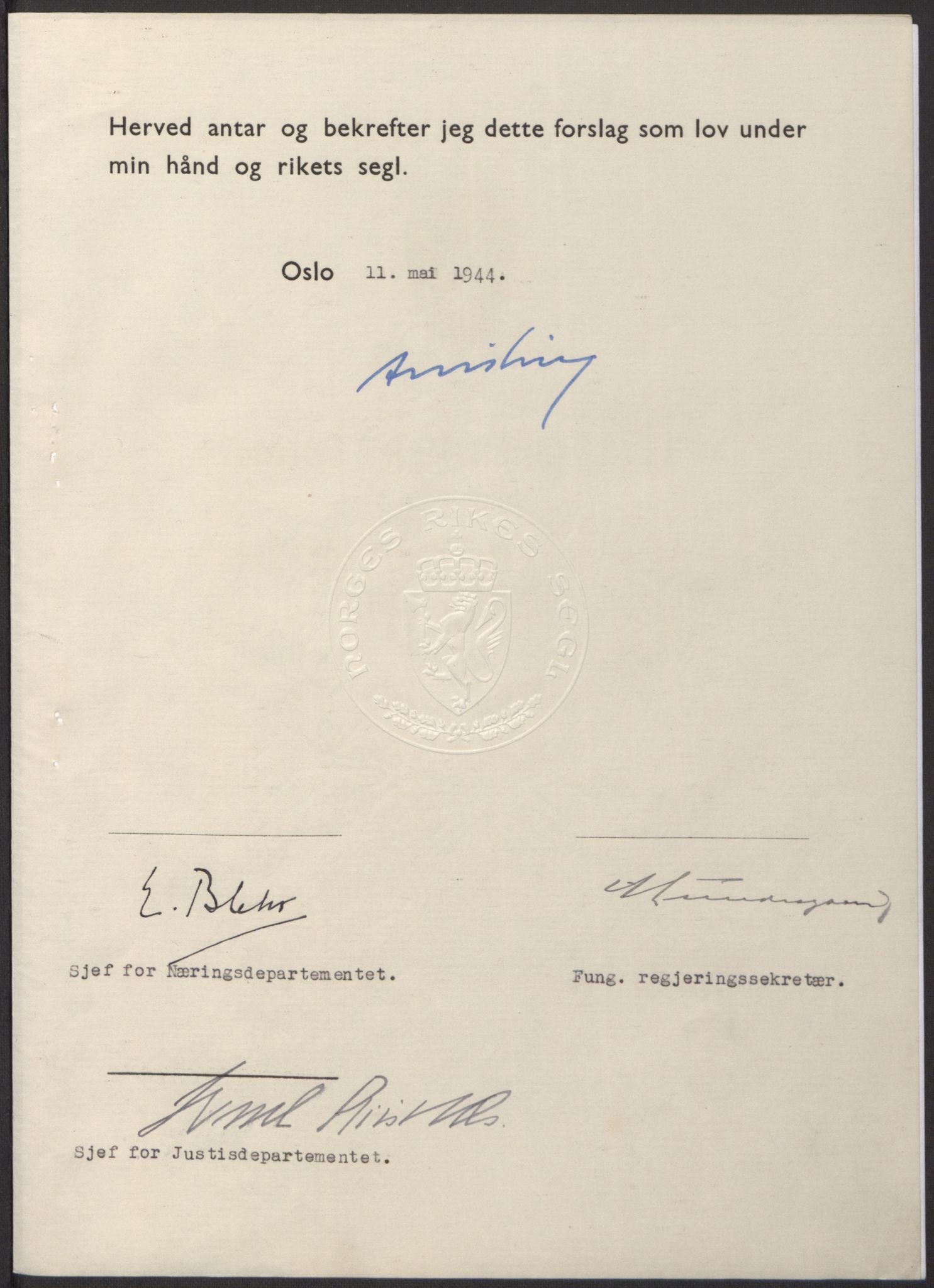 NS-administrasjonen 1940-1945 (Statsrådsekretariatet, de kommisariske statsråder mm), AV/RA-S-4279/D/Db/L0100: Lover, 1944, p. 221