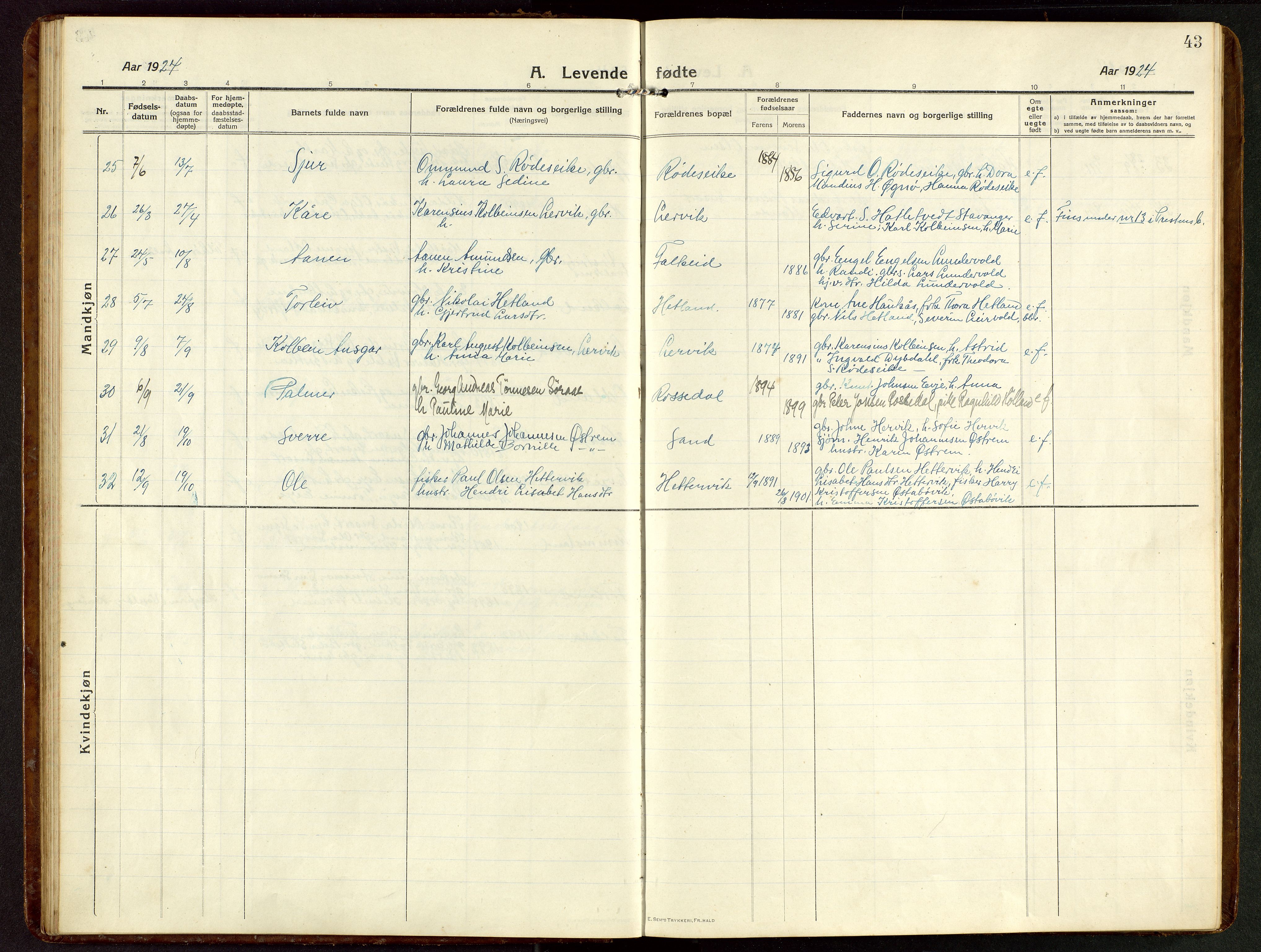 Tysvær sokneprestkontor, AV/SAST-A -101864/H/Ha/Hab/L0011: Parish register (copy) no. B 11, 1913-1946, p. 43