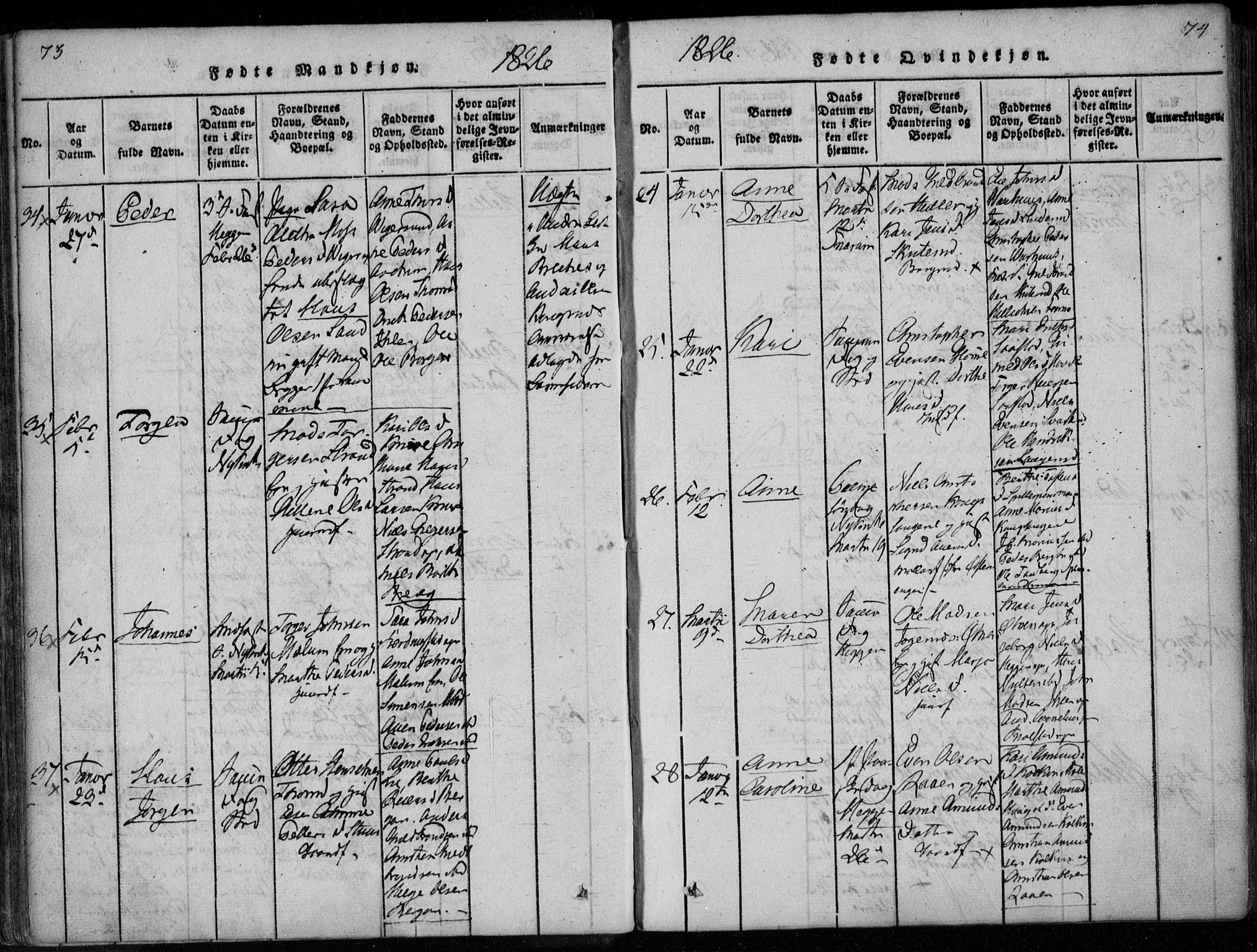 Modum kirkebøker, AV/SAKO-A-234/F/Fa/L0005: Parish register (official) no. 5, 1824-1841, p. 73-74