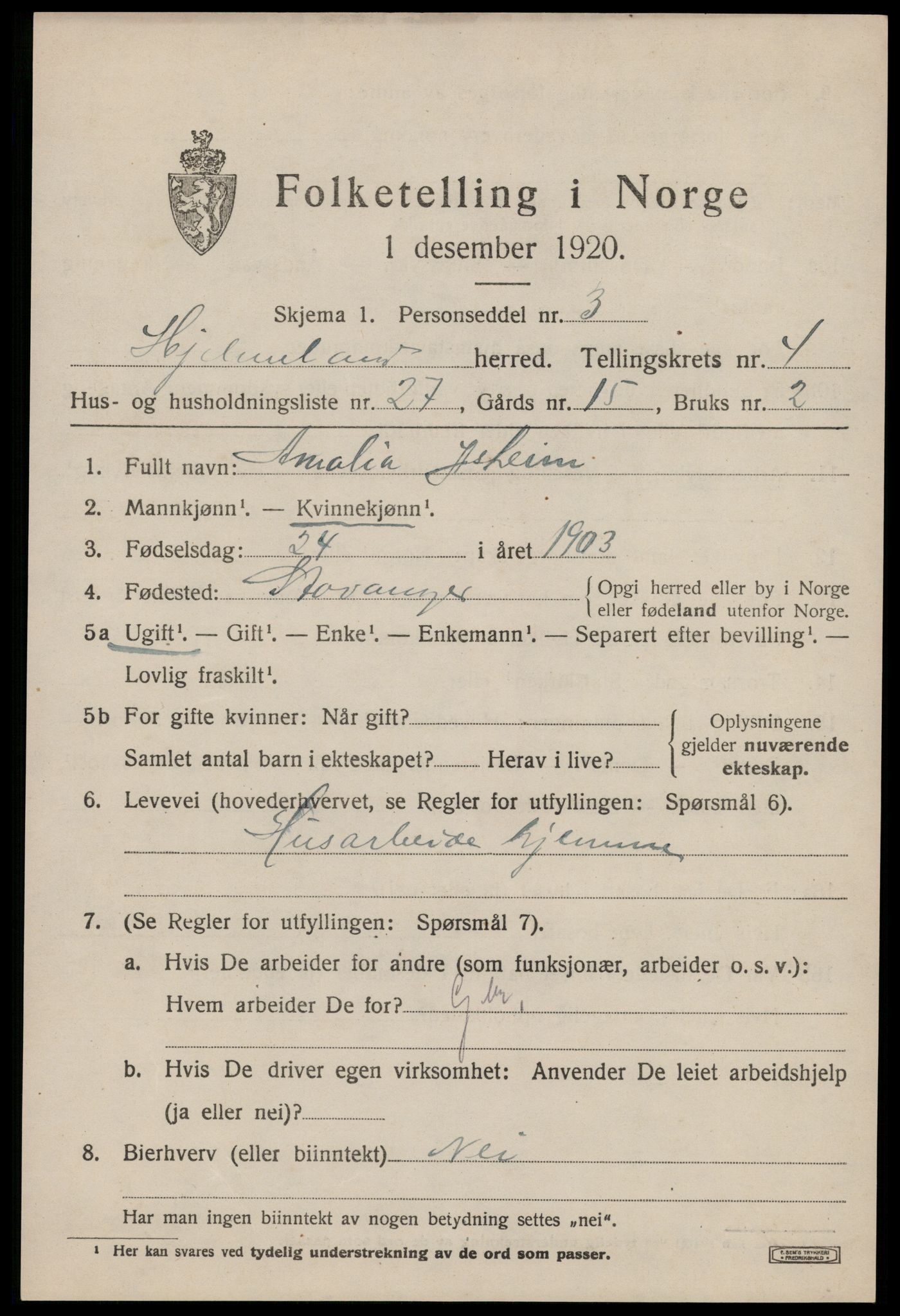 SAST, 1920 census for Hjelmeland, 1920, p. 1787