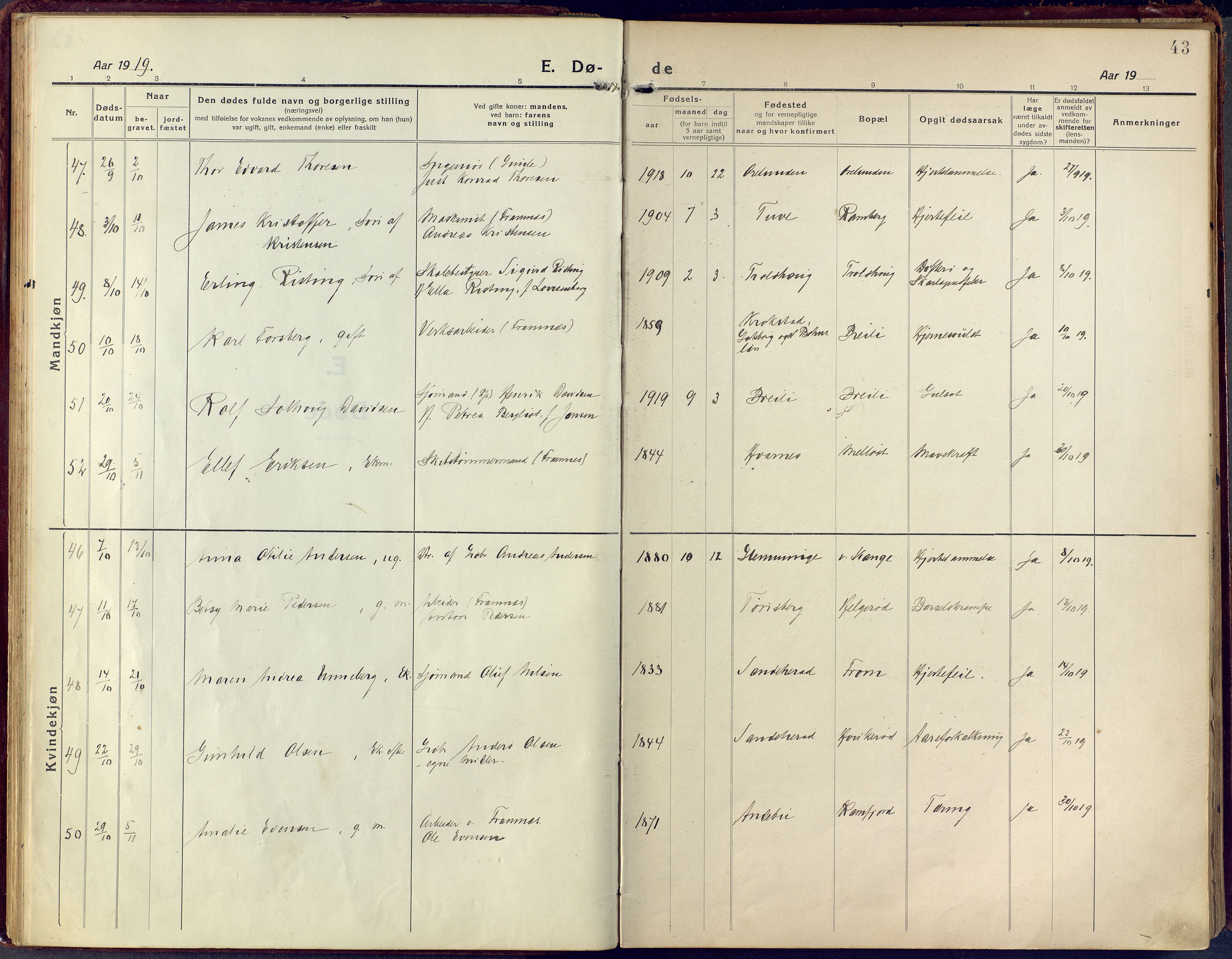 Sandar kirkebøker, SAKO/A-243/F/Fa/L0021: Parish register (official) no. 21, 1919-1925, p. 43