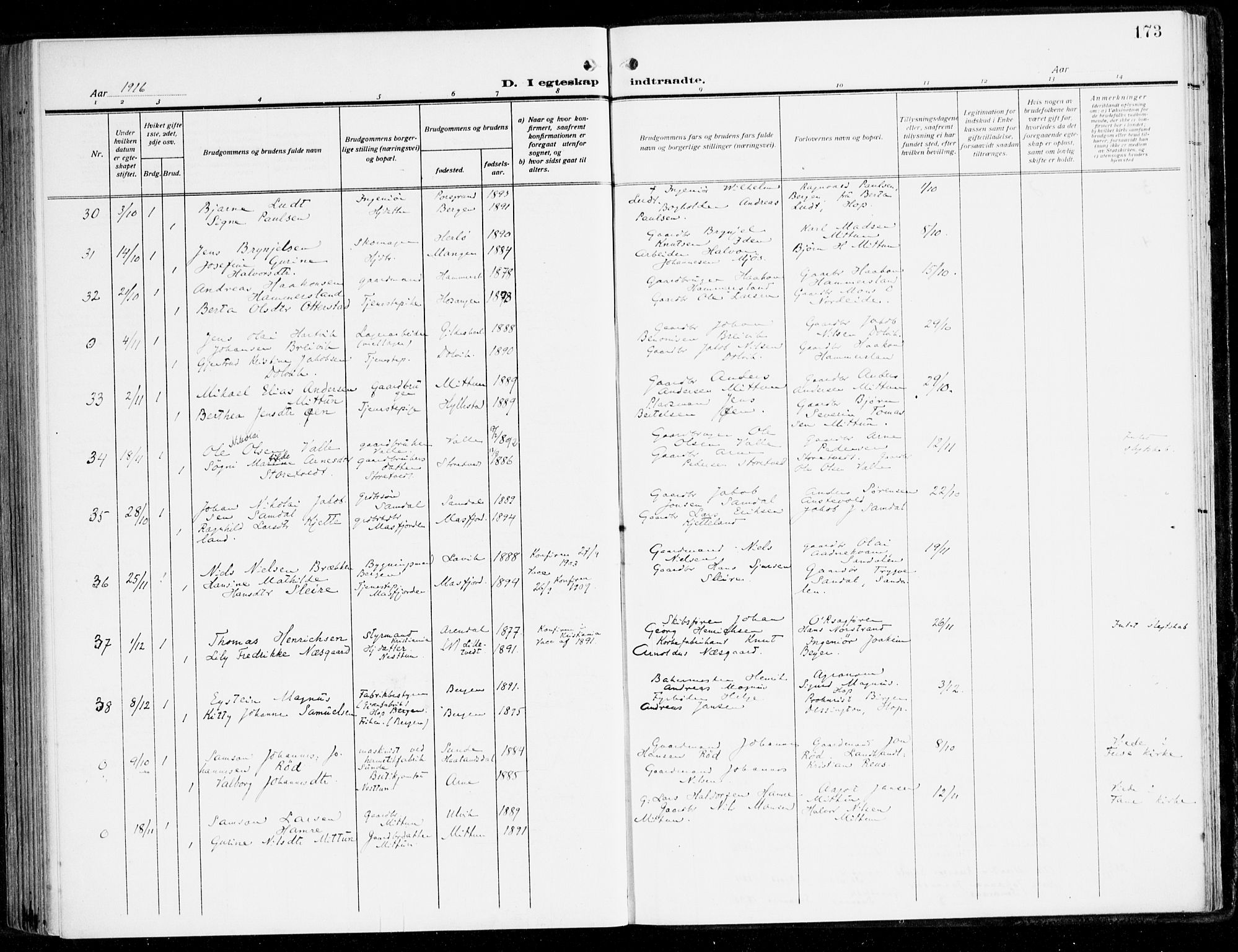 Fana Sokneprestembete, SAB/A-75101/H/Haa/Haai/L0004: Parish register (official) no. I 4, 1912-1933, p. 173