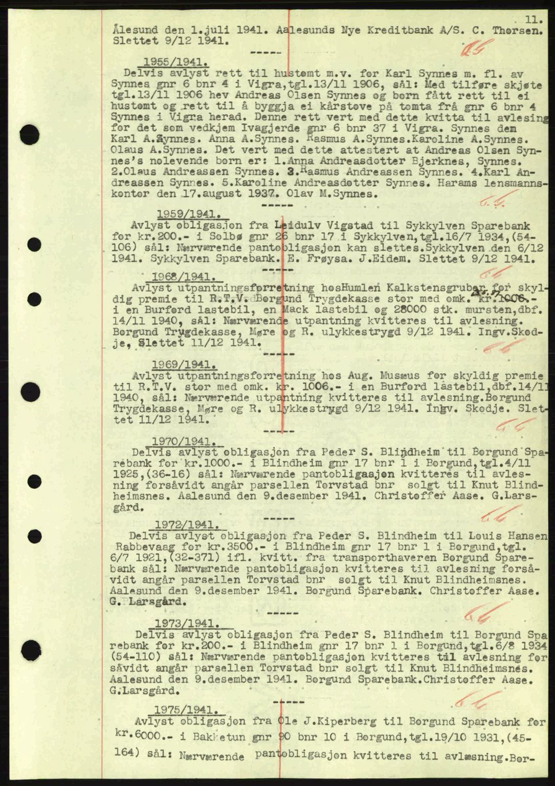Nordre Sunnmøre sorenskriveri, SAT/A-0006/1/2/2C/2Ca: Mortgage book no. B1-6, 1938-1942, Diary no: : 1955/1941
