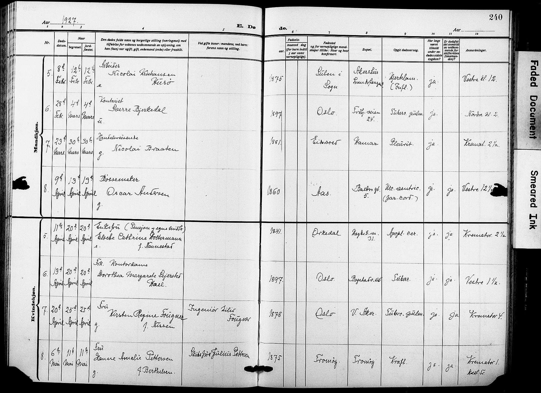 Garnisonsmenigheten Kirkebøker, SAO/A-10846/F/Fa/L0016: Parish register (official) no. 16, 1922-1930, p. 240