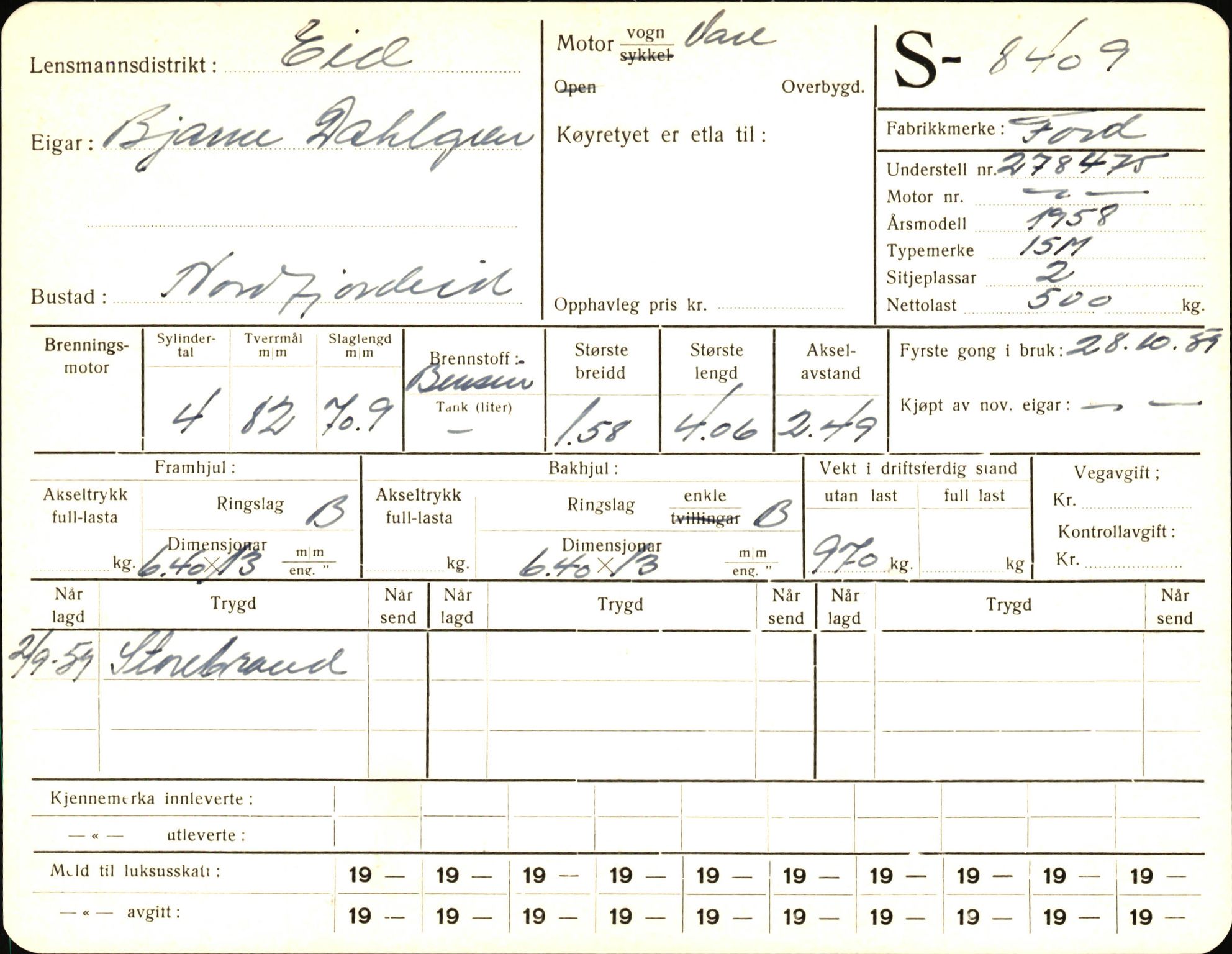 Statens vegvesen, Sogn og Fjordane vegkontor, AV/SAB-A-5301/4/F/L0006: Registerkort utmeldte Fjordane S8300-9500, 1930-1961, p. 177