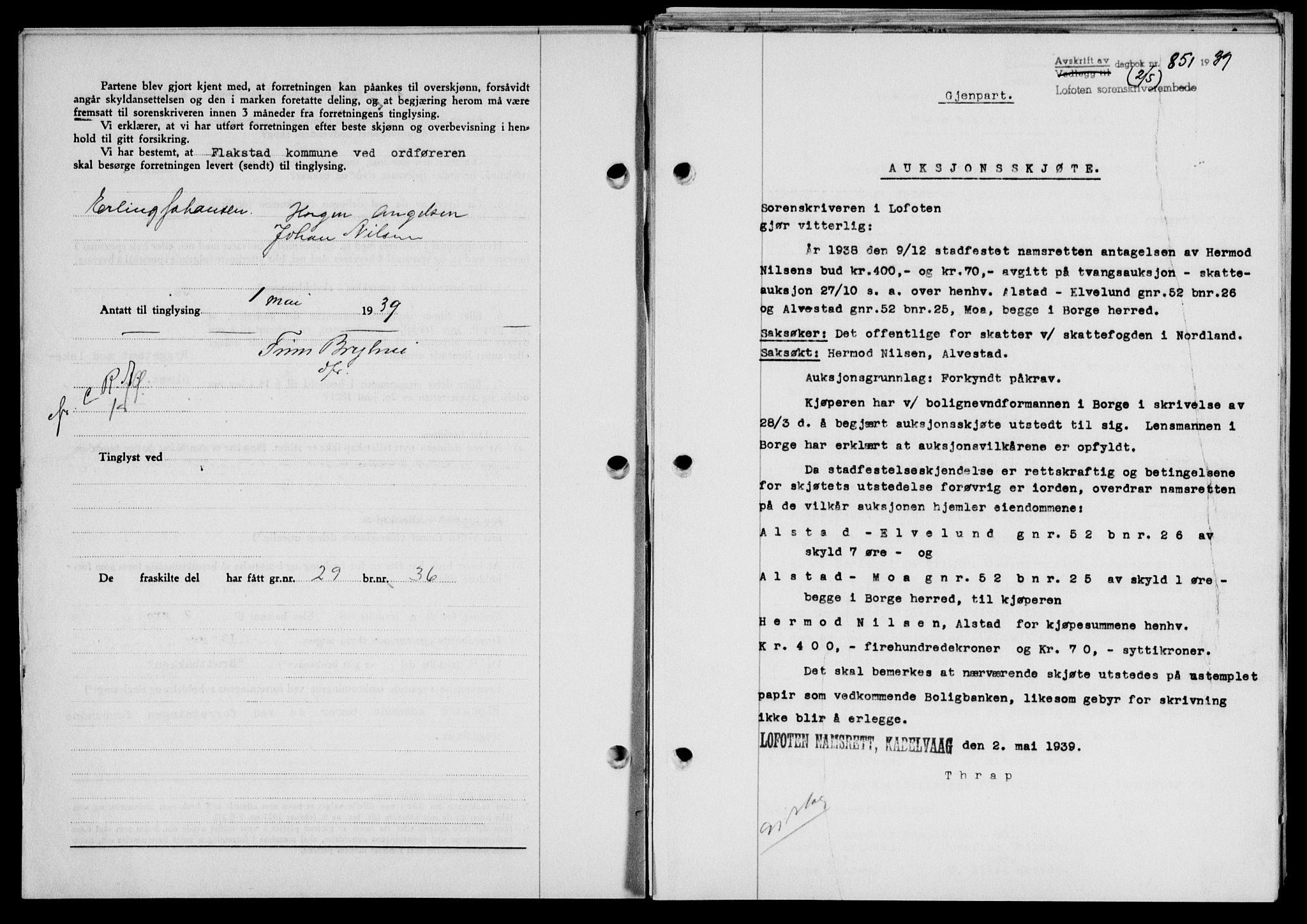 Lofoten sorenskriveri, SAT/A-0017/1/2/2C/L0005a: Mortgage book no. 5a, 1939-1939, Diary no: : 851/1939