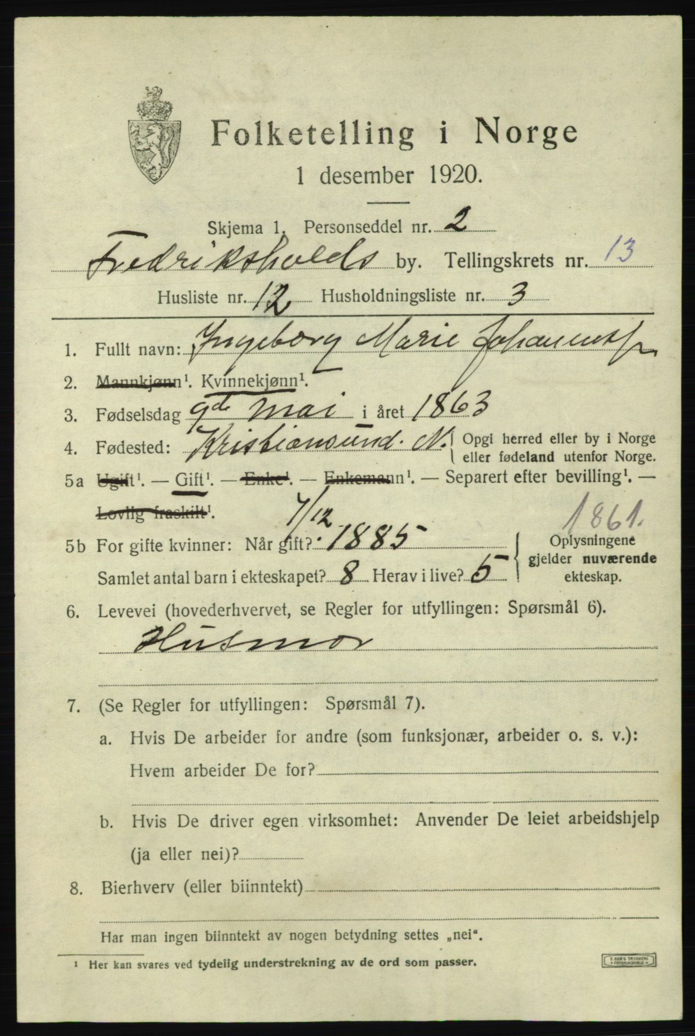 SAO, 1920 census for Fredrikshald, 1920, p. 20882
