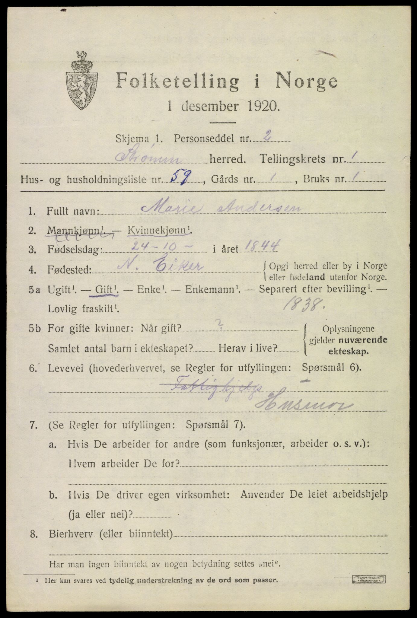 SAKO, 1920 census for Strømm, 1920, p. 1575