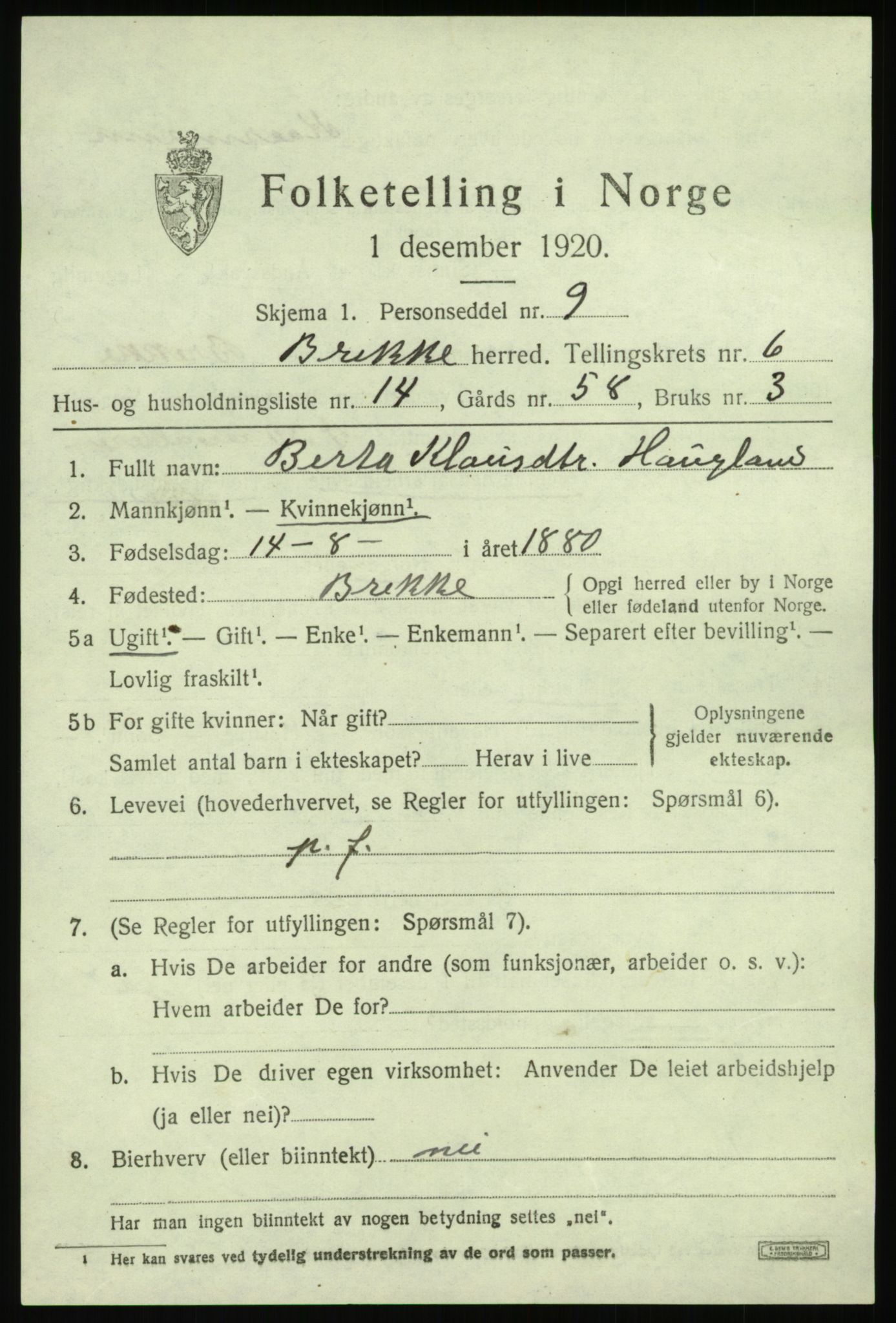 SAB, 1920 census for Brekke, 1920, p. 1472