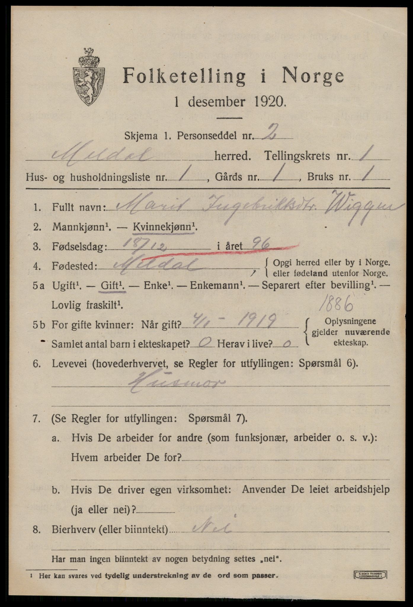 SAT, 1920 census for Meldal, 1920, p. 1805