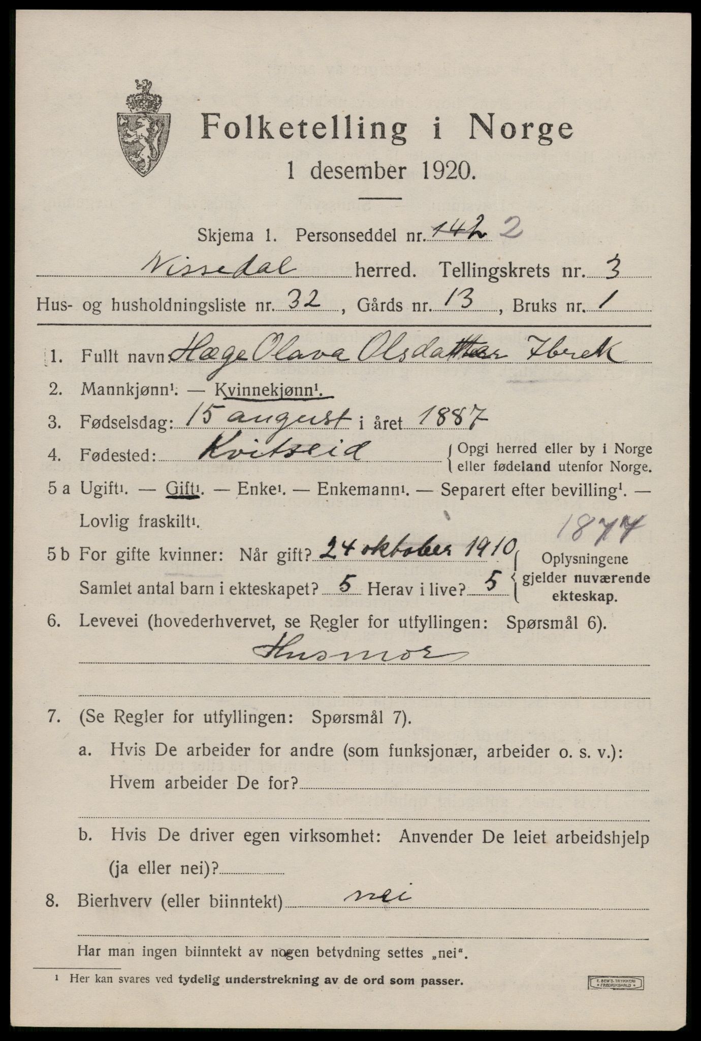 SAKO, 1920 census for Nissedal, 1920, p. 1779