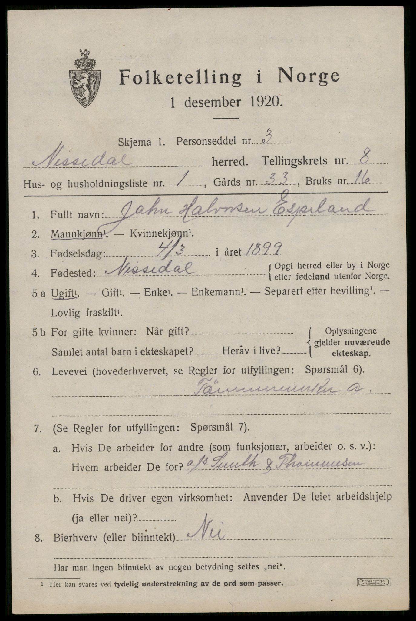 SAKO, 1920 census for Nissedal, 1920, p. 3043
