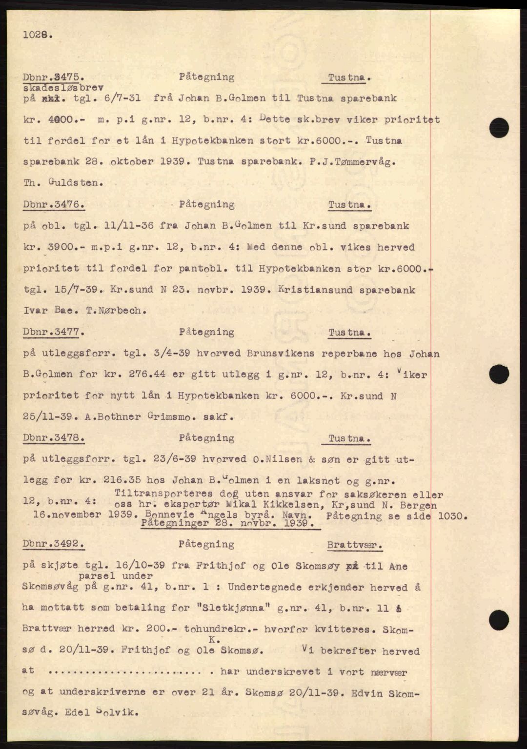 Nordmøre sorenskriveri, AV/SAT-A-4132/1/2/2Ca: Mortgage book no. C80, 1936-1939, Diary no: : 3475/1939