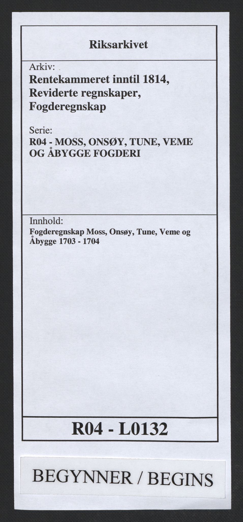 Rentekammeret inntil 1814, Reviderte regnskaper, Fogderegnskap, RA/EA-4092/R04/L0132: Fogderegnskap Moss, Onsøy, Tune, Veme og Åbygge, 1703-1704, p. 1