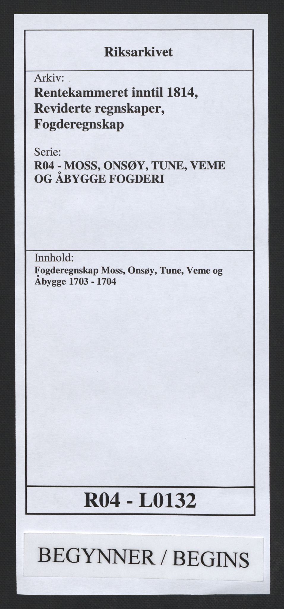 Rentekammeret inntil 1814, Reviderte regnskaper, Fogderegnskap, AV/RA-EA-4092/R04/L0132: Fogderegnskap Moss, Onsøy, Tune, Veme og Åbygge, 1703-1704, p. 1