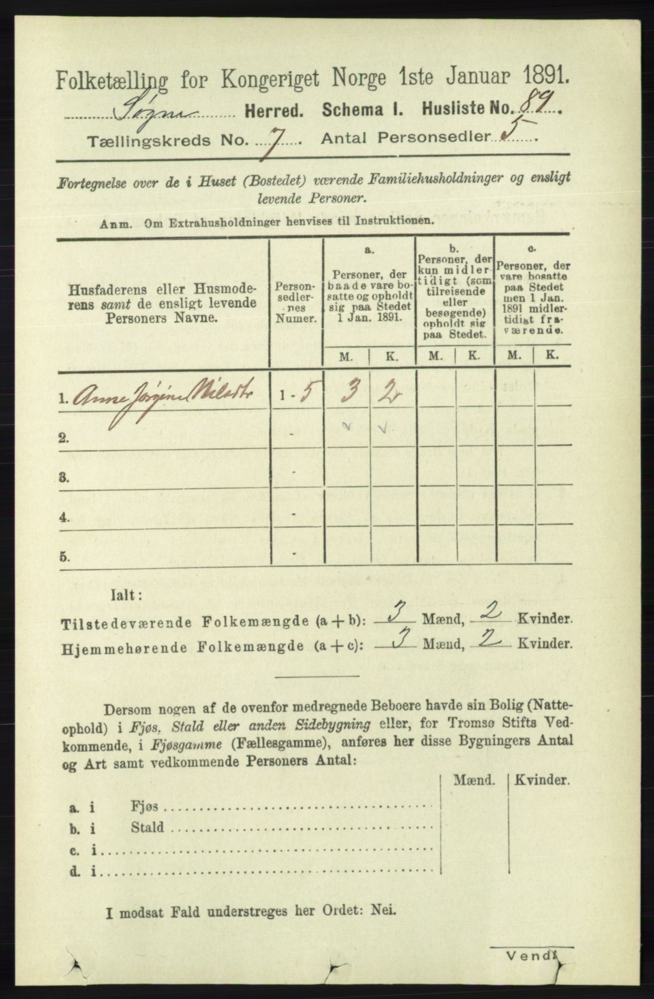 RA, 1891 census for 1018 Søgne, 1891, p. 1512