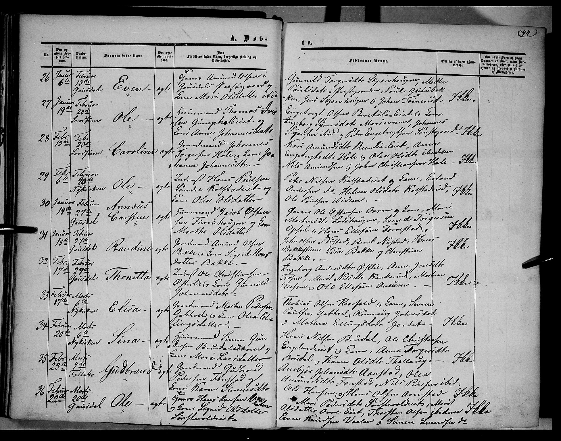Gausdal prestekontor, SAH/PREST-090/H/Ha/Haa/L0008: Parish register (official) no. 8, 1850-1861, p. 44