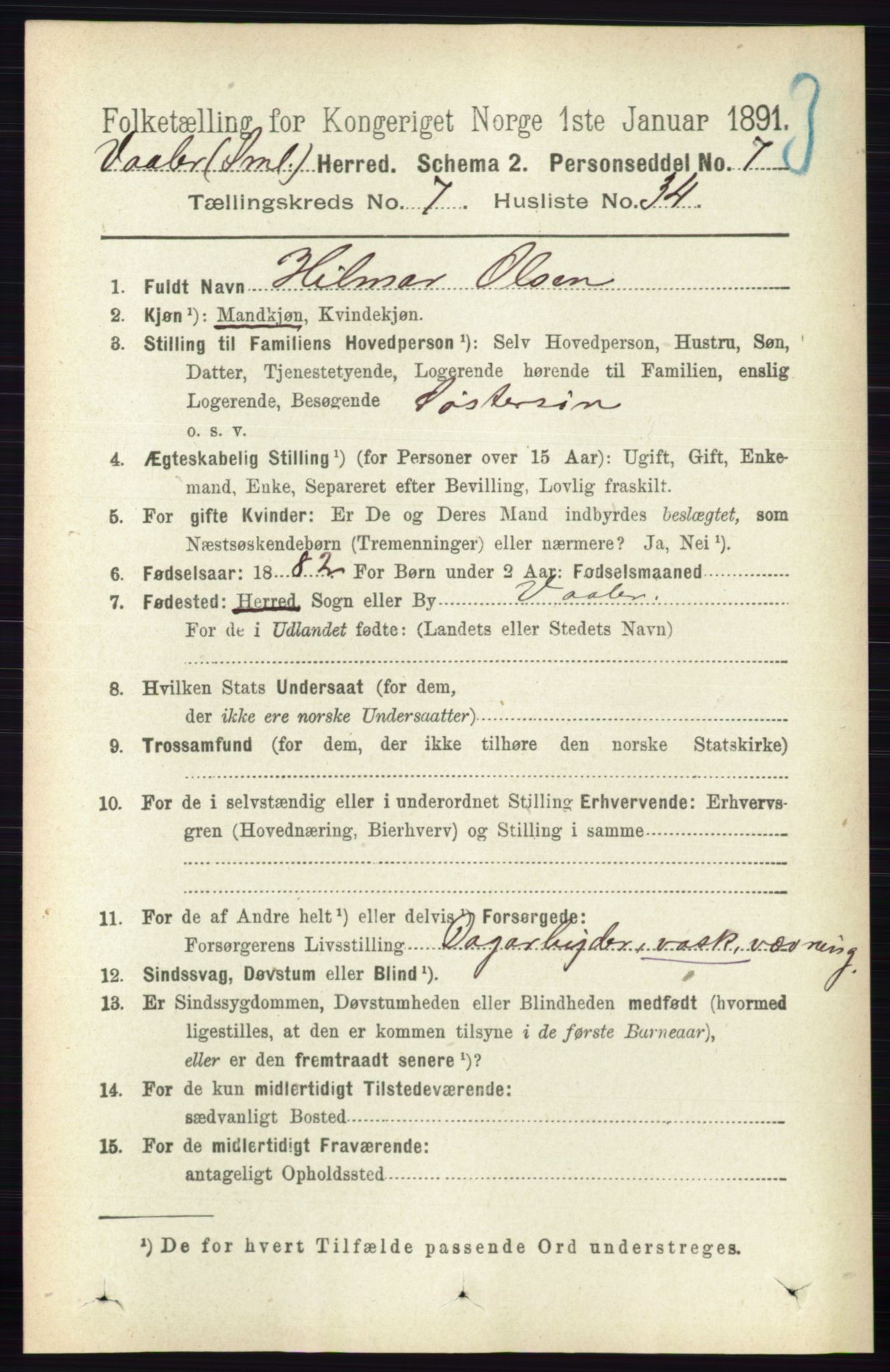 RA, 1891 census for 0137 Våler, 1891, p. 3065